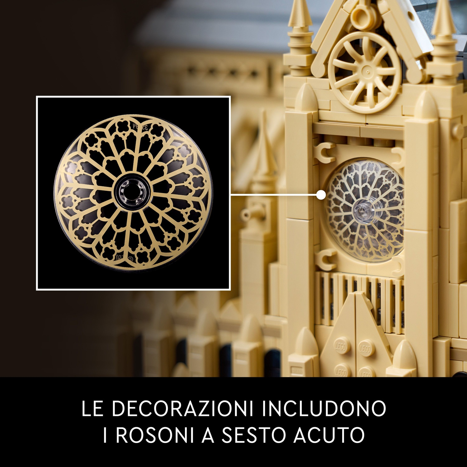 Un modello LEGO di una cattedrale, con un primo piano di un dettaglio di rosone.