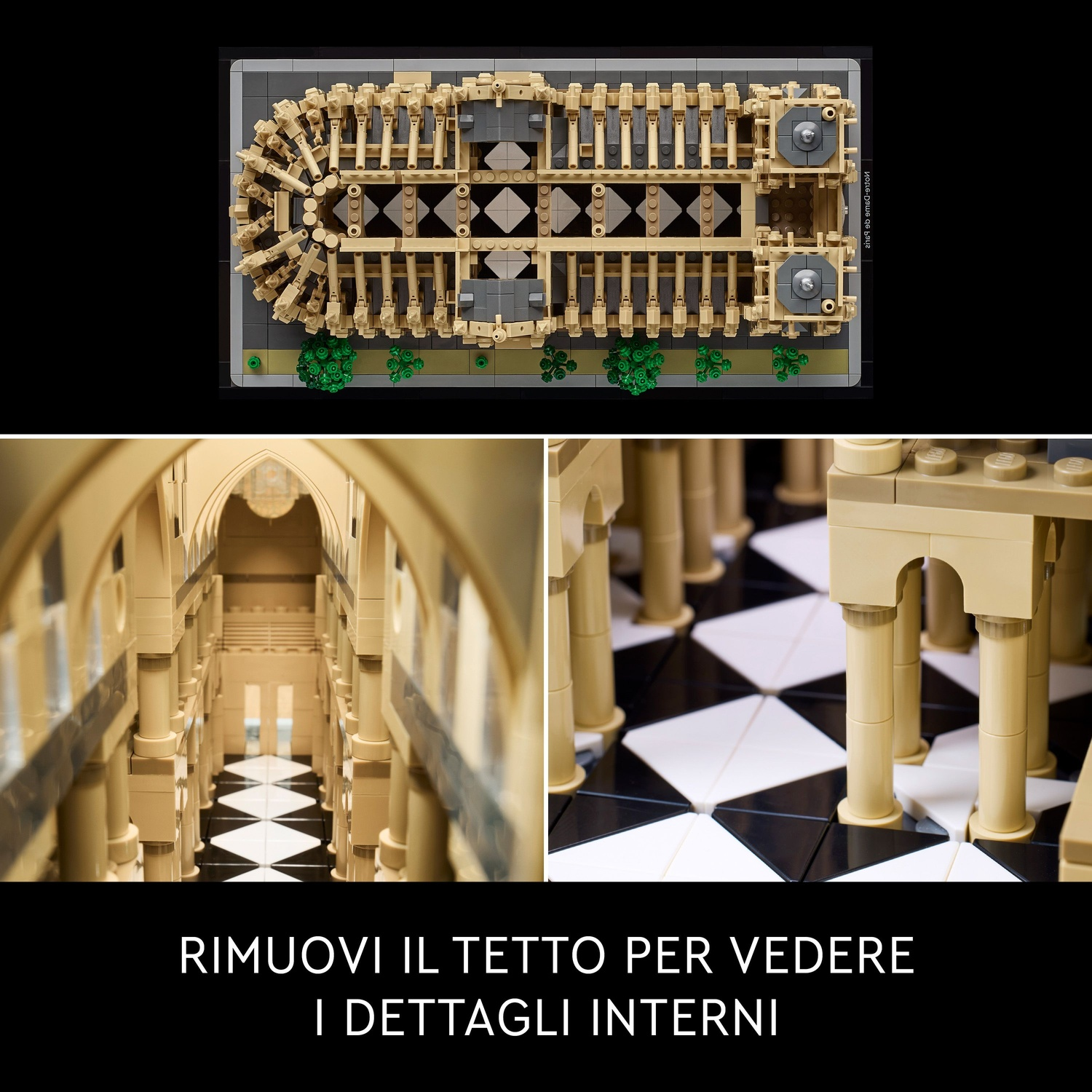 Modello Lego di cattedrale dall'alto e dall'interno, con pavimento a scacchiera.
