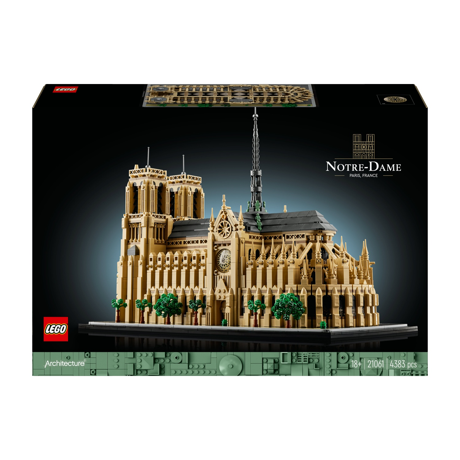 Modello LEGO di Notre-Dame a Parigi, Francia, con alberi e base.
