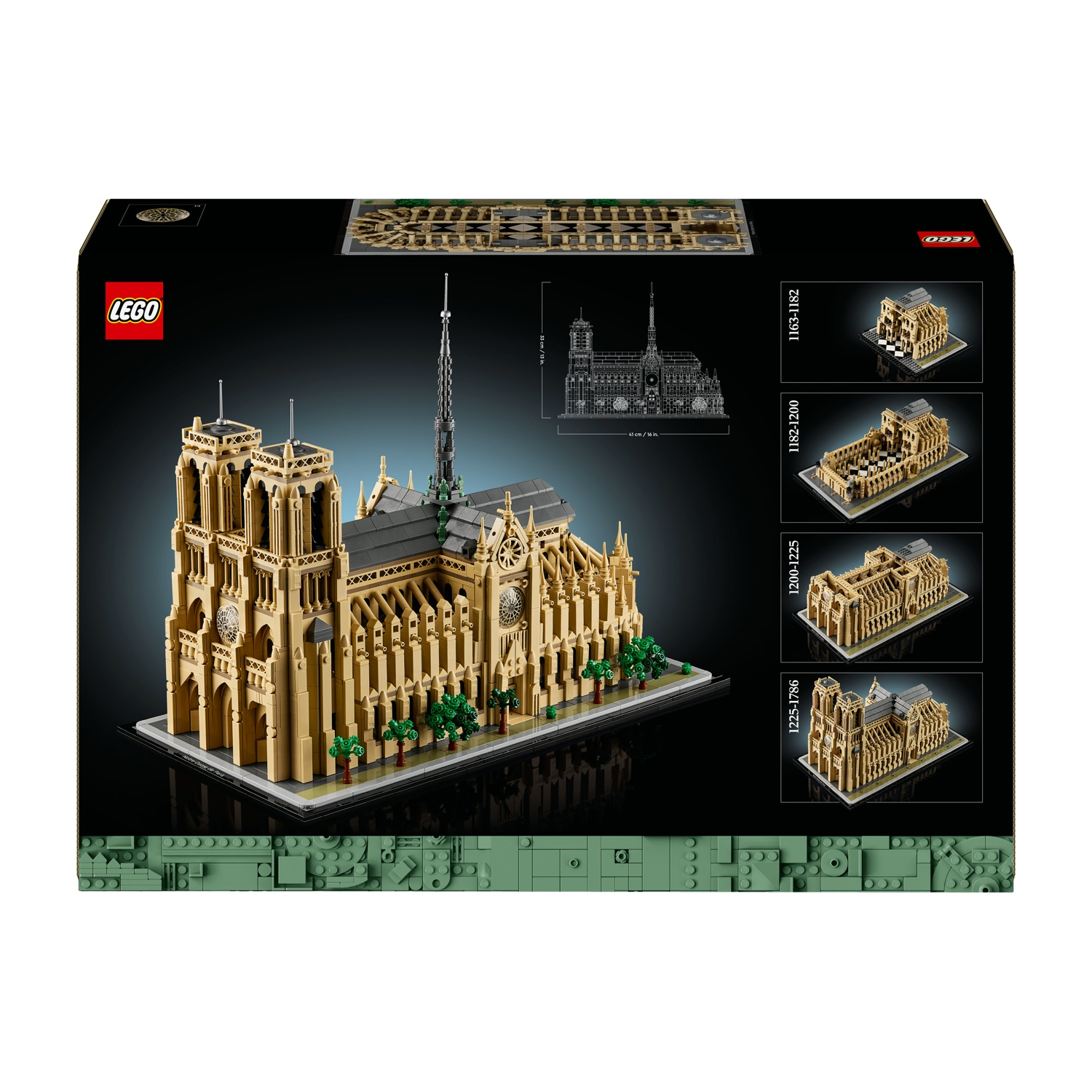 Un modello LEGO della Cattedrale di Notre Dame con torri, rosoni e alberi.