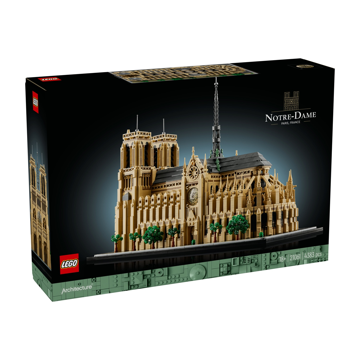 Modello LEGO di Notre-Dame de Paris su base nera con alberi.