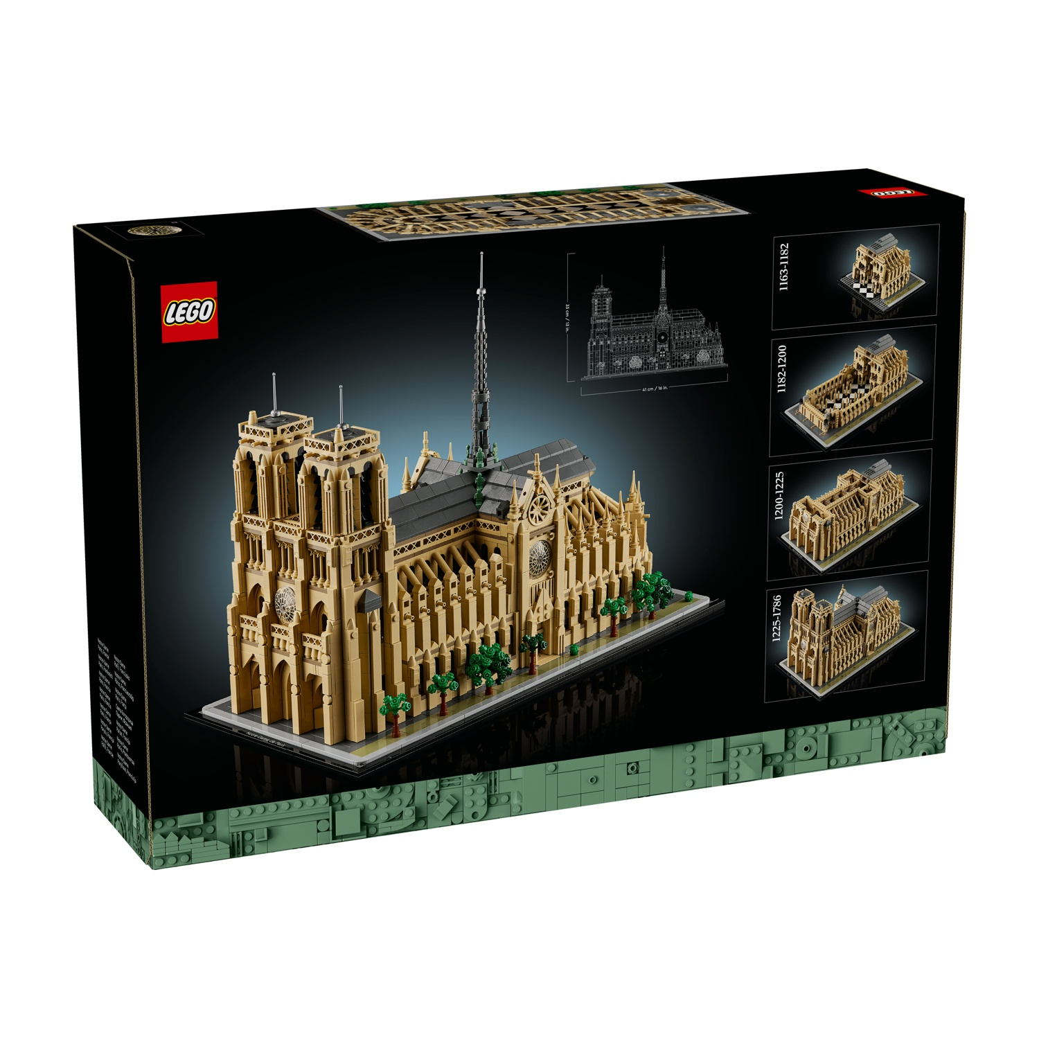 Modello LEGO di Notre Dame su scatola nera con immagini di dettaglio.