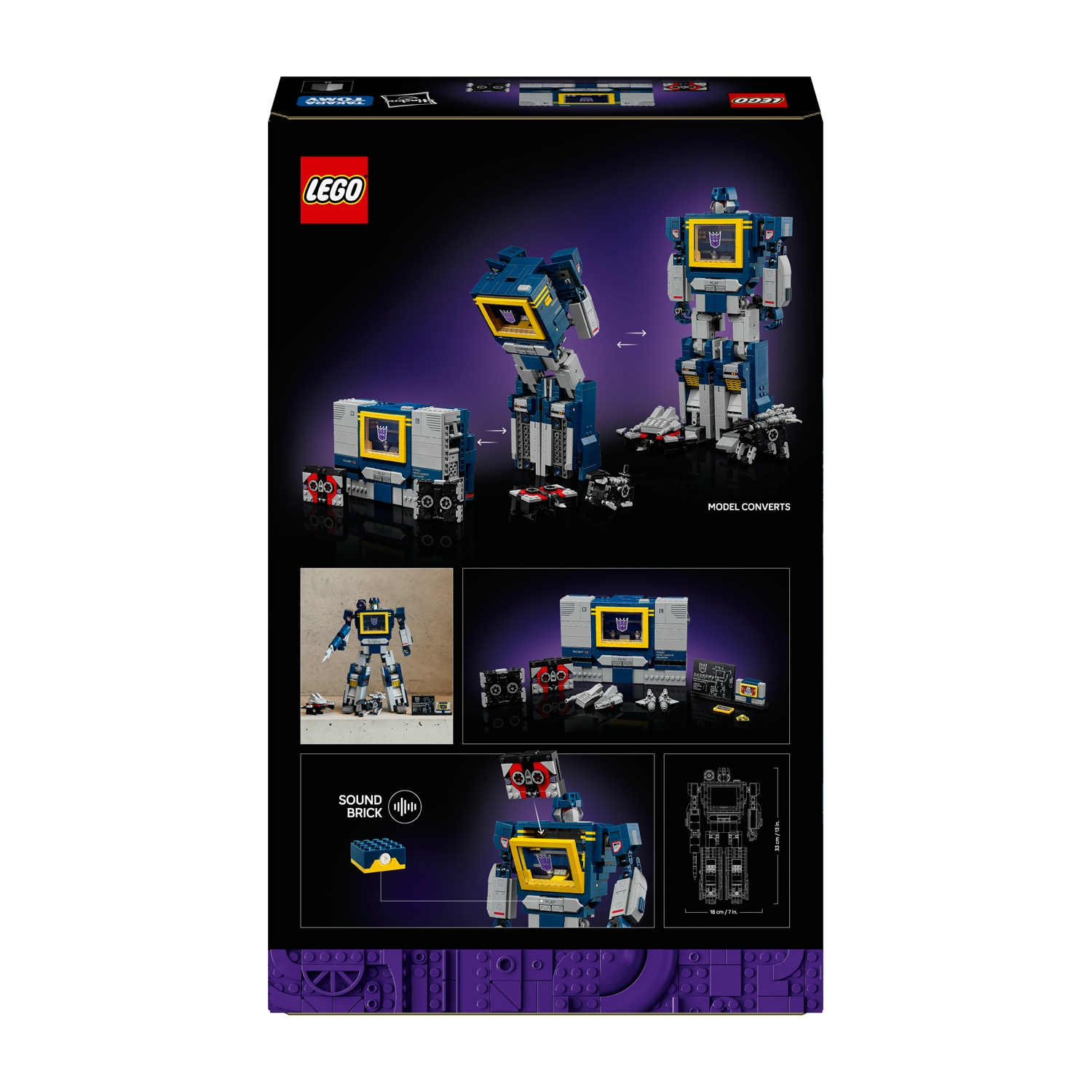 Modello LEGO Soundwave in forma robotica e a cassetta, con accessori.
