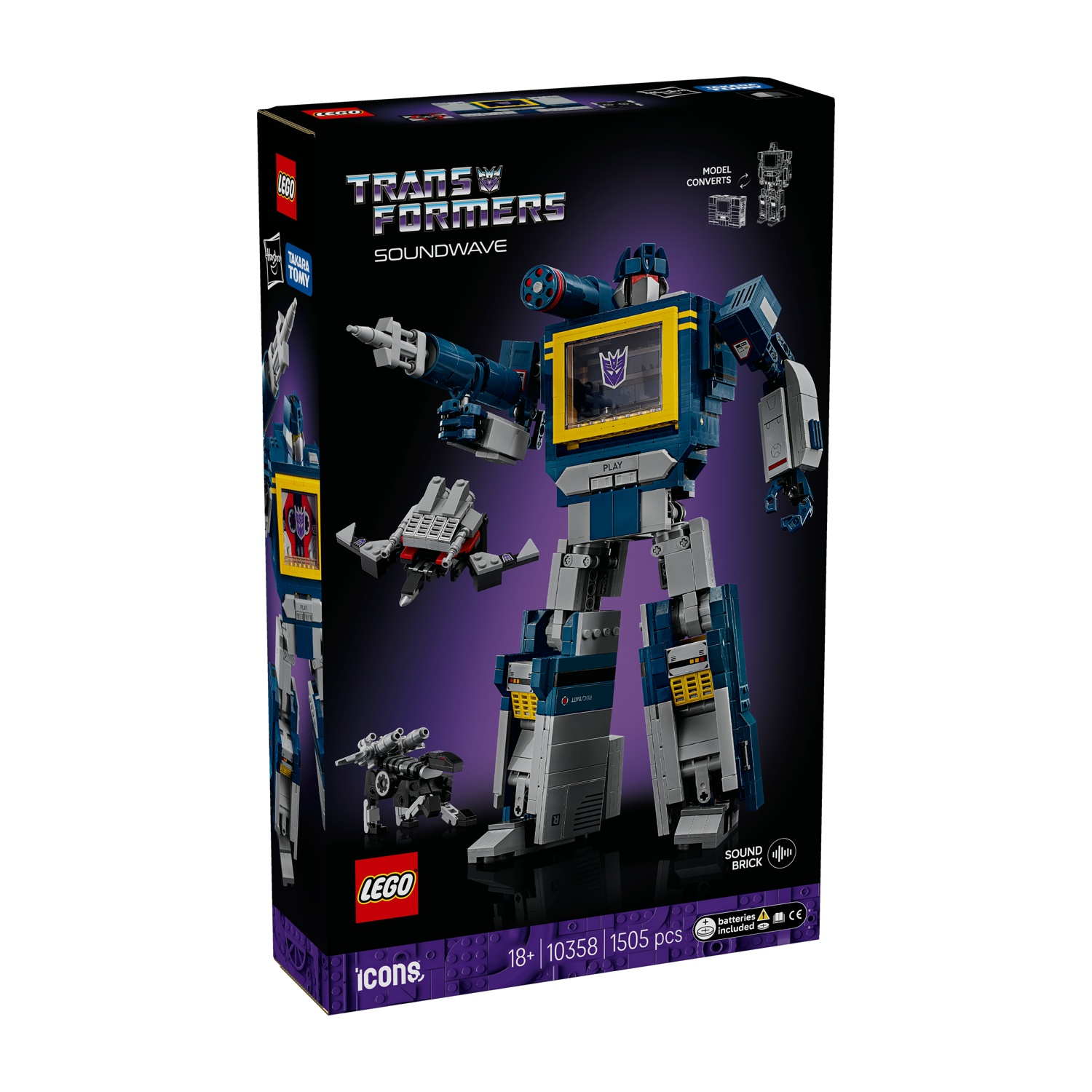 Scatola modello Lego Transformers Soundwave che mostra un robot blu e grigio e due veicoli più piccoli.