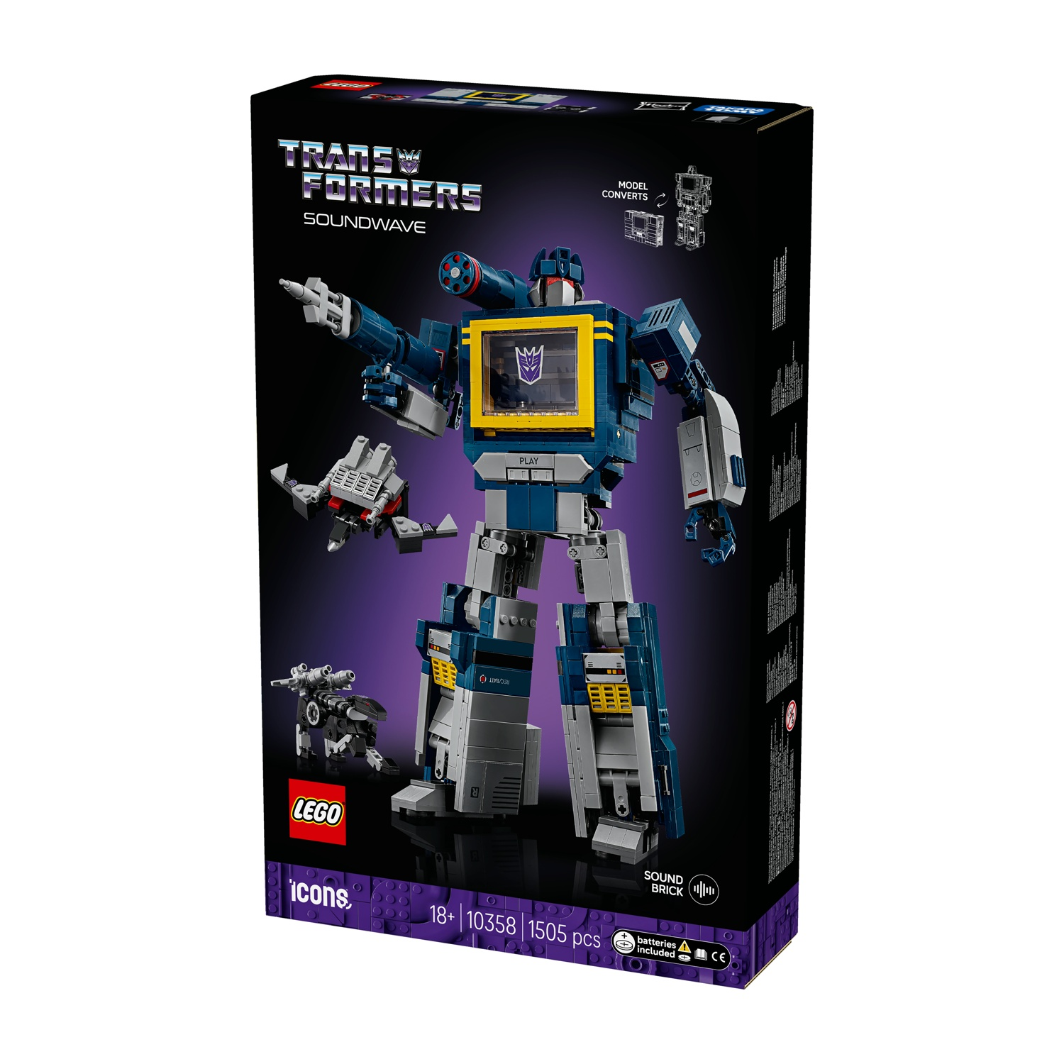Confezione set LEGO Transformers Soundwave con figura e piccoli robot.