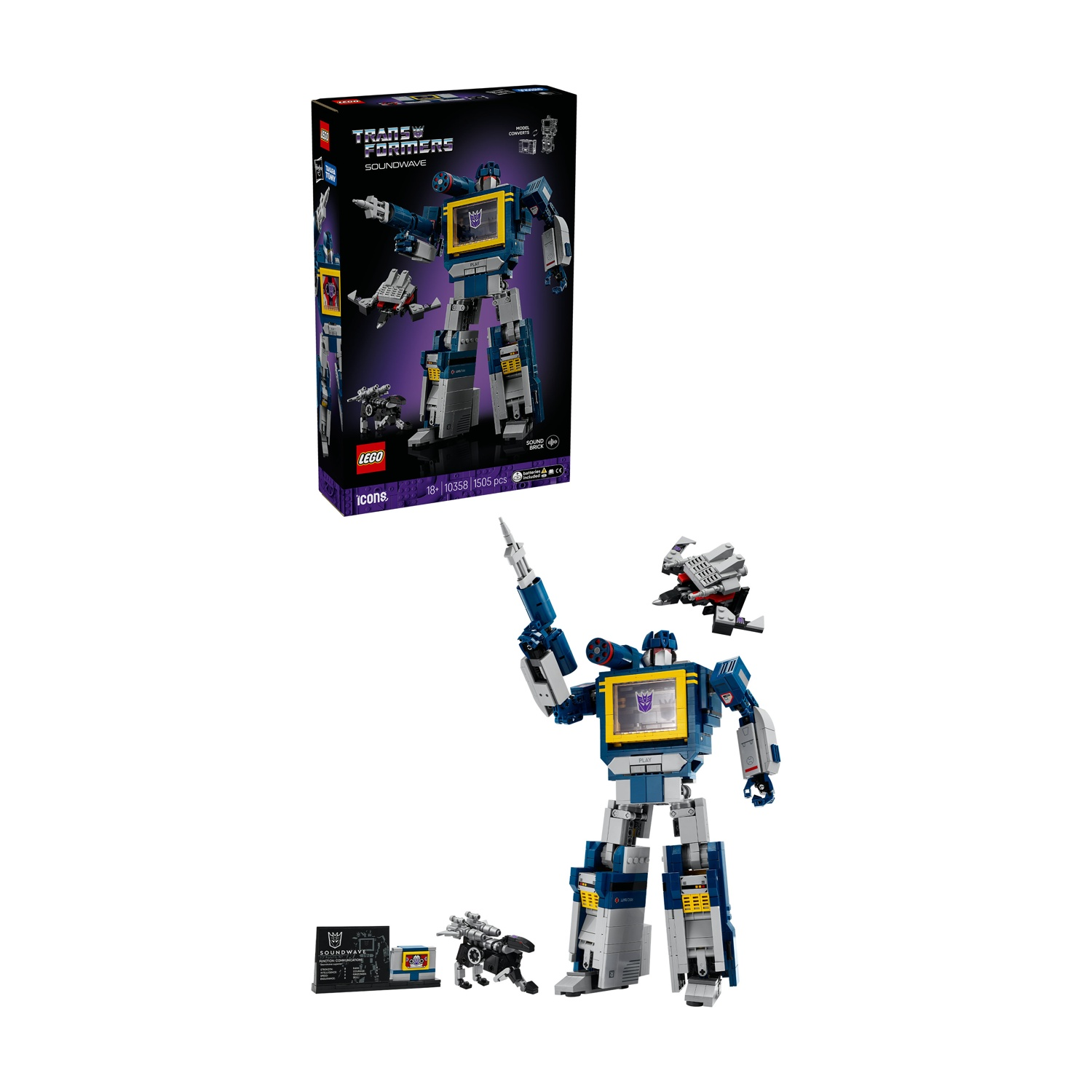LEGO Transformers Soundwave con accessori e confezione.