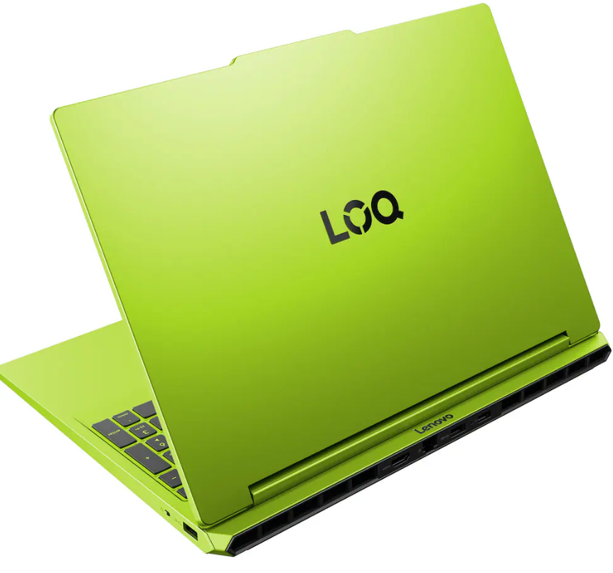 Ein leuchtend grüner Laptop mit dem schwarzen Logo 