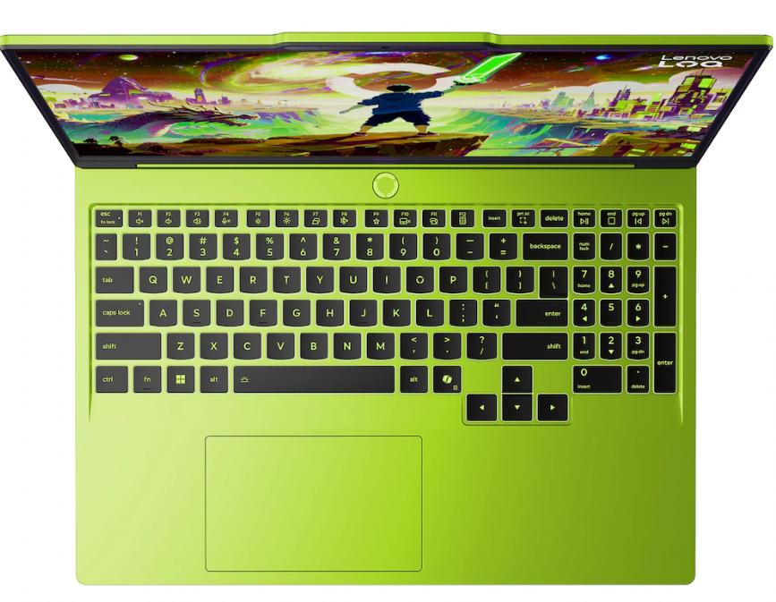 Ein leuchtend grüner Laptop mit einem Spiel auf dem geöffneten Bildschirm.