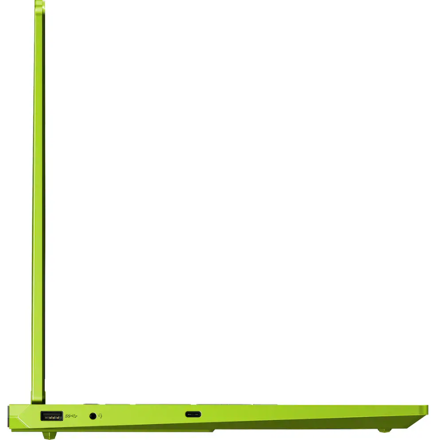 Ein hellgrüner Laptop im Seitenprofil mit USB- und USB-C-Anschlüssen.