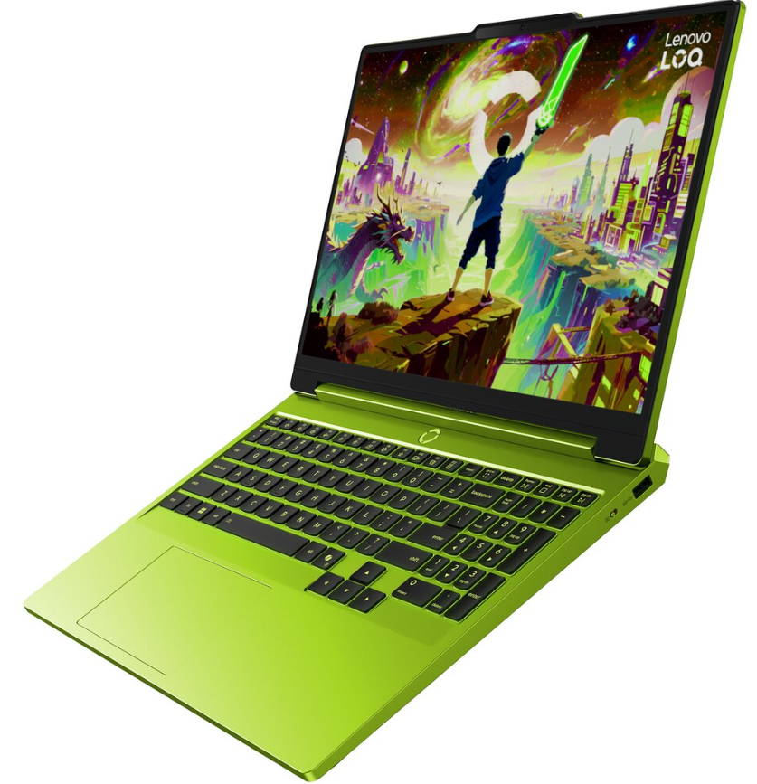 Ein leuchtend grüner Laptop mit einem bunten Gaming-Bildschirm. Links ein Drache, rechts ein Mann mit Schwert.