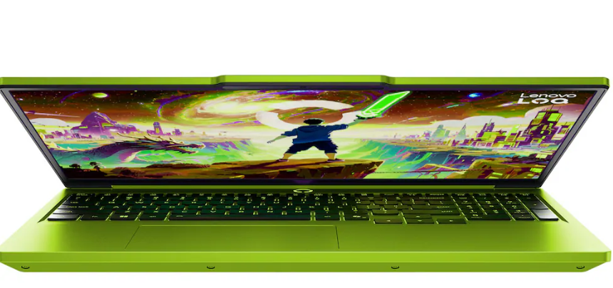 Ein hellgrünes Lenovo Laptop mit einem bunten Gaming-Bildschirm.