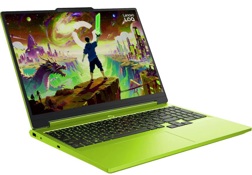 Grüner Laptop mit Spiele-Wallpaper: Junge hält Schwert, Drache, futuristische Stadt.