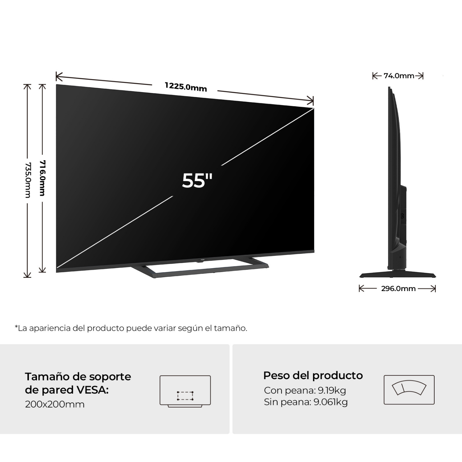 Un televisor de 55 pulgadas con dimensiones de 1225x735mm y 74mm de grosor.
