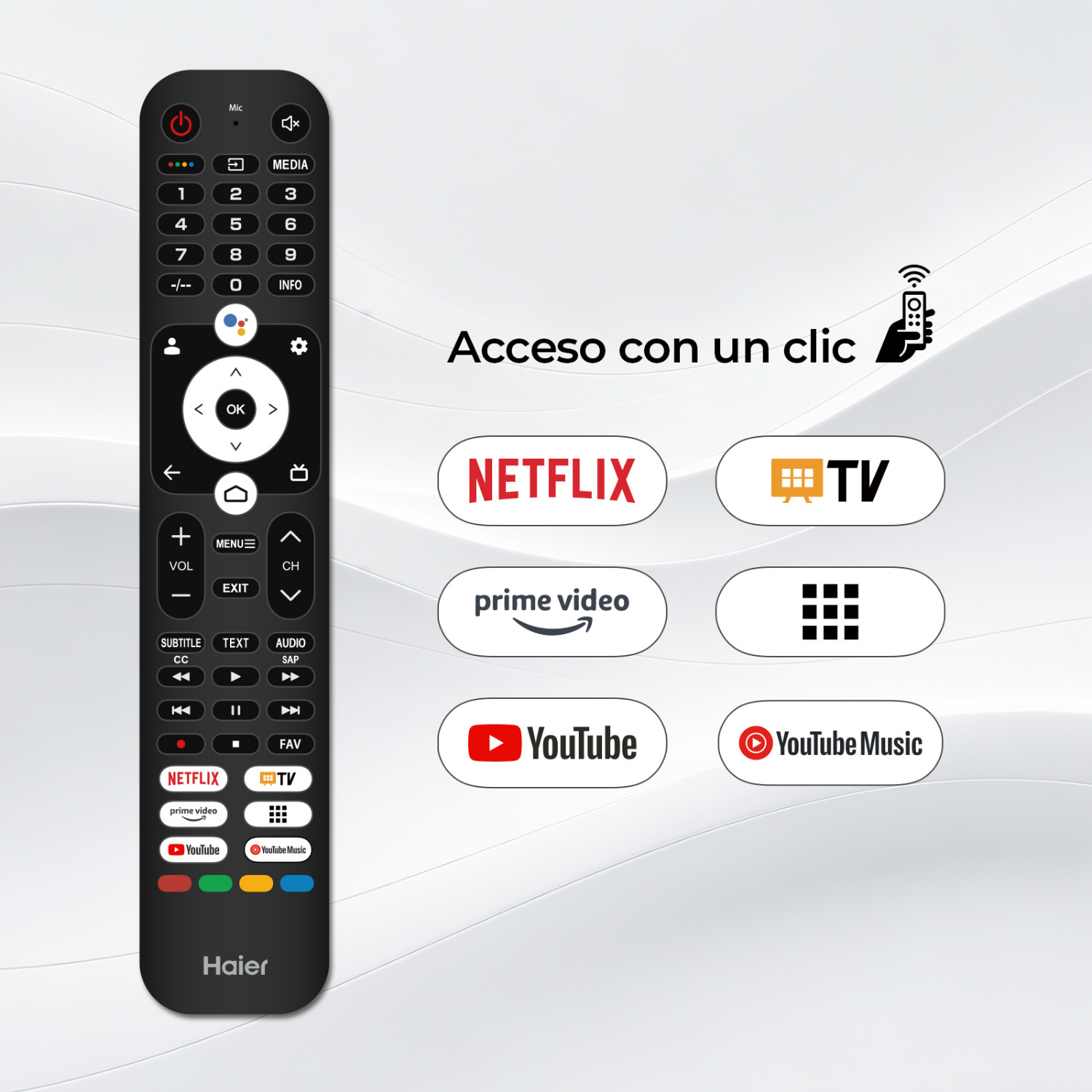 Un control remoto negro con botones para Netflix, Prime Video y YouTube.