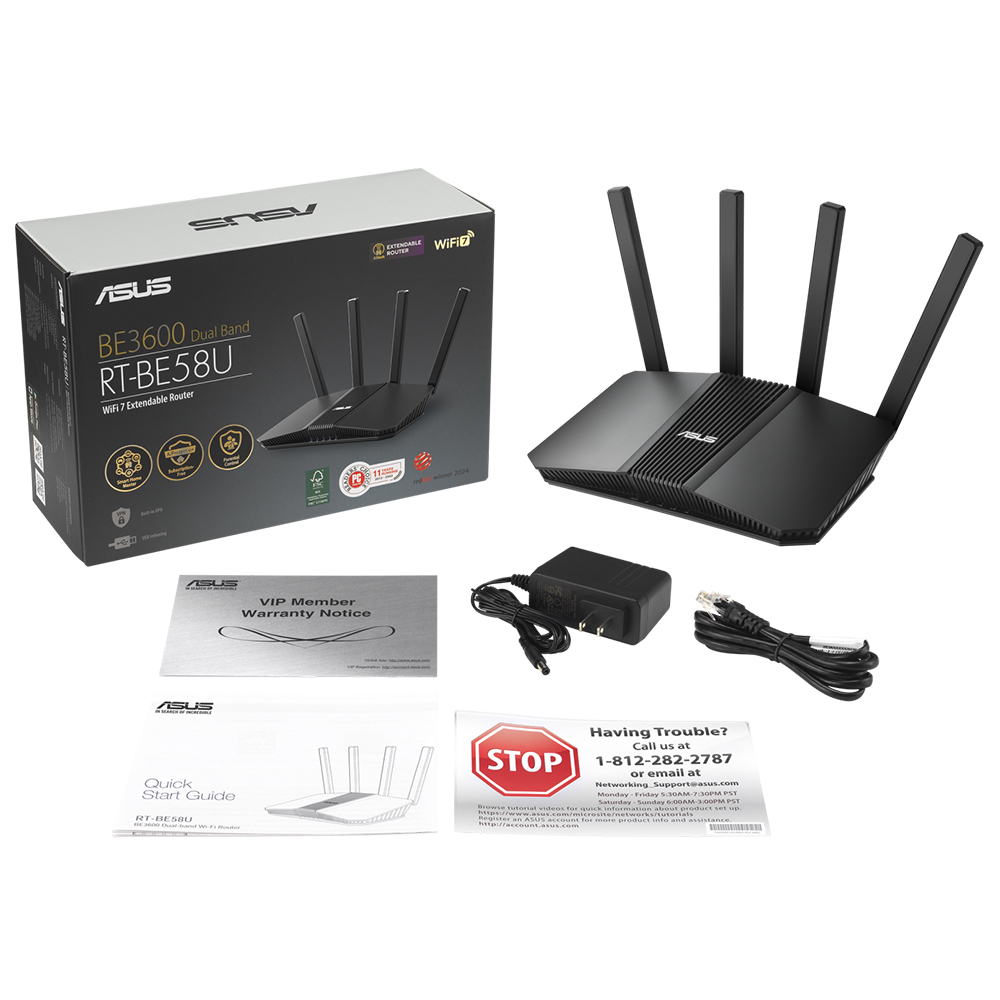 ASUS RT-BE58U WiFi 7 yönlendirici, güç adaptörü, kablolar, kutu ve kılavuzlar.