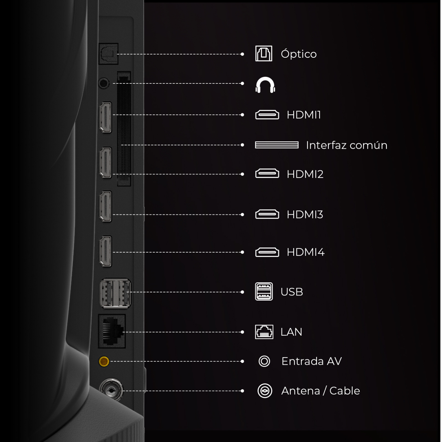 Panel de conexiones: Óptico, HDMI, USB, LAN, AV, Antena.