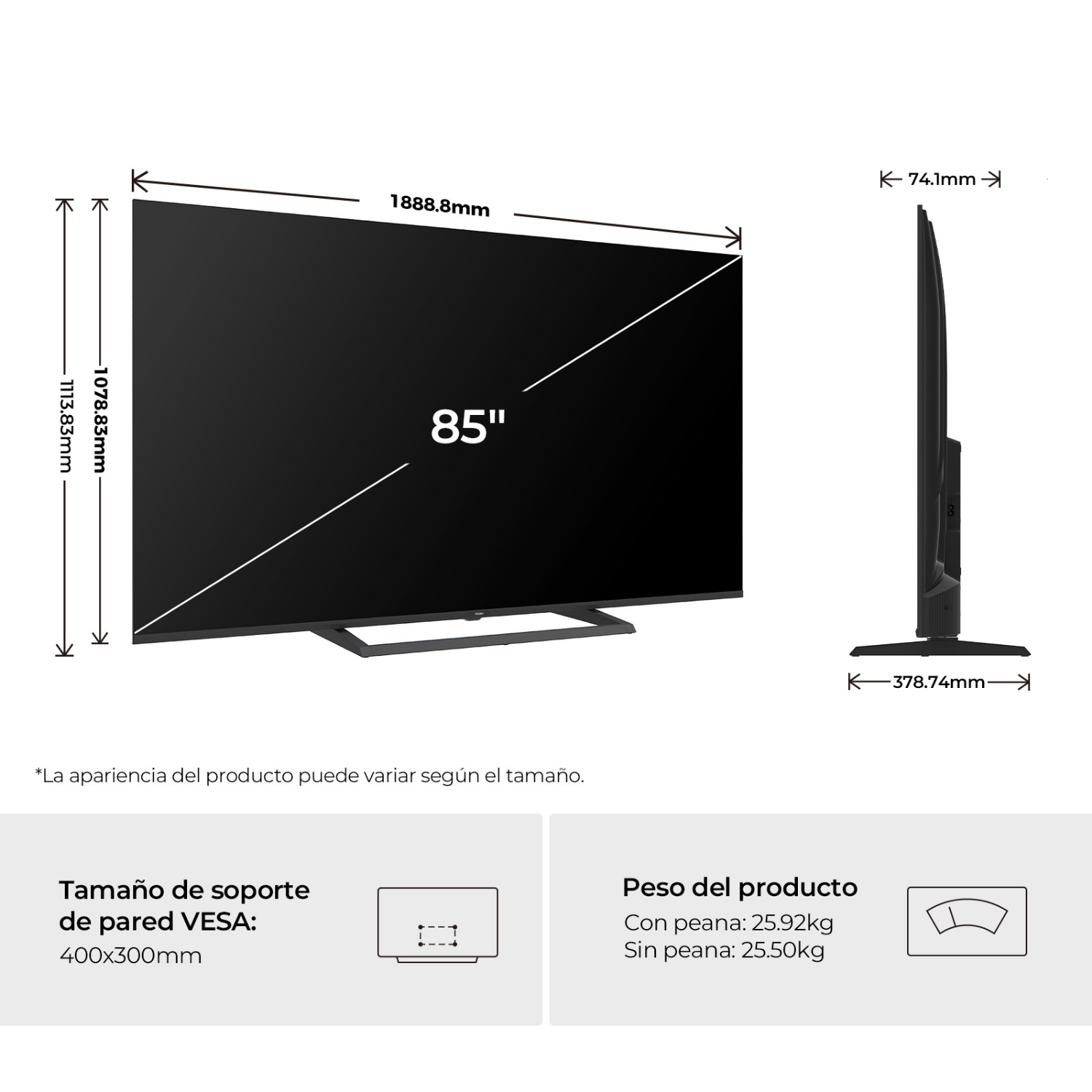 Un televisor de 85 pulgadas con dimensiones y peso.