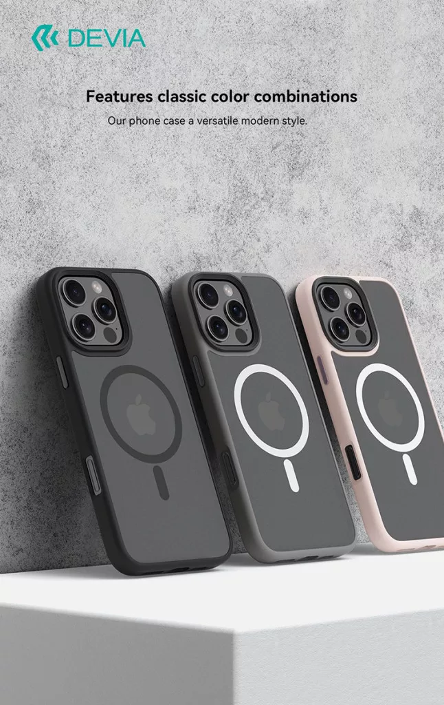 Három fekete, szürke és rózsaszín iPhone tok MagSafe körrel beton felületen.