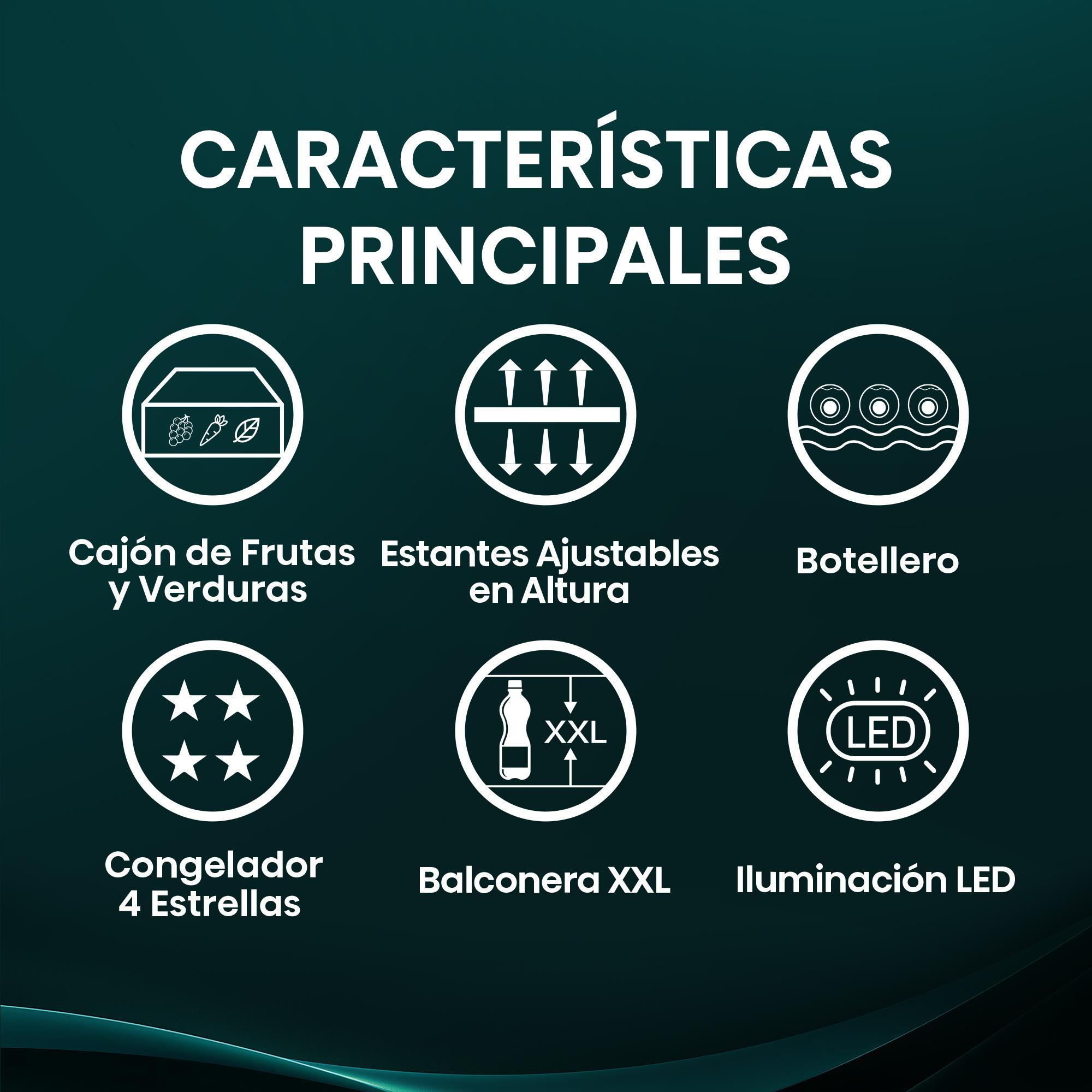 Infografía de características de refrigerador: cajón frutas/verduras, estantes ajustables, botellero, congelador 4 estrellas, balcón XXL, LED.