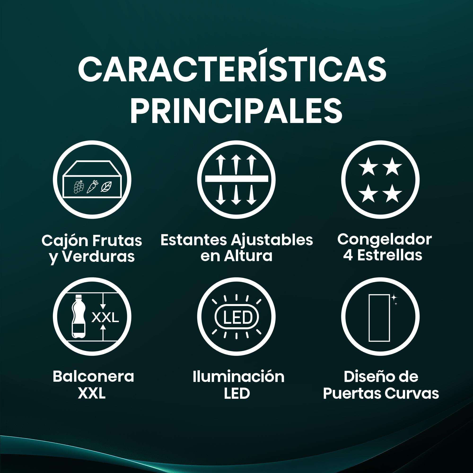 Gráfico: Características principales: Cajón frutas/verduras, estantes ajustables, congelador 4 estrellas, balconera XXL, luz LED, puertas curvas.