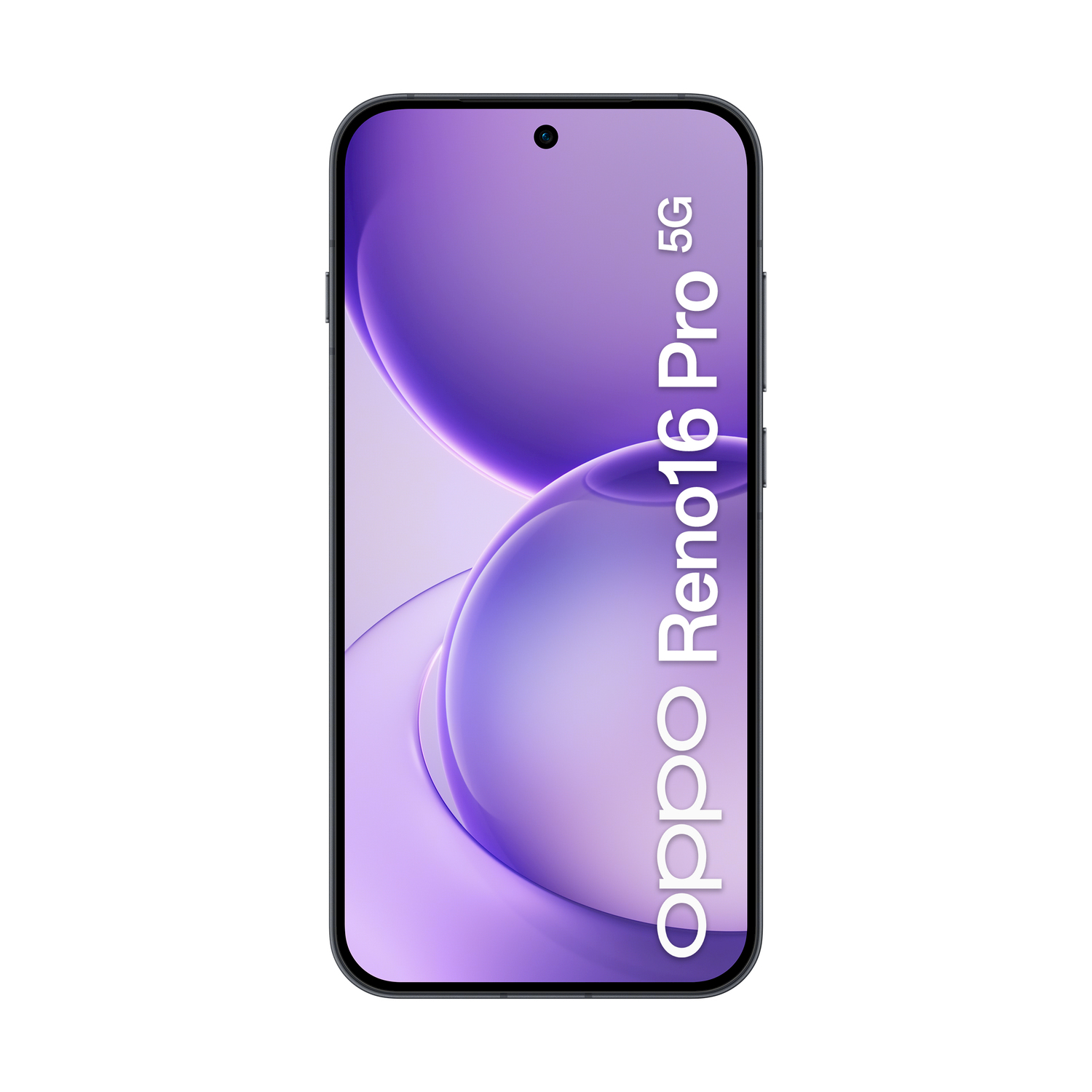 Smartphone Oppo Reno16 Pro 5G nero con sfondo astratto viola.