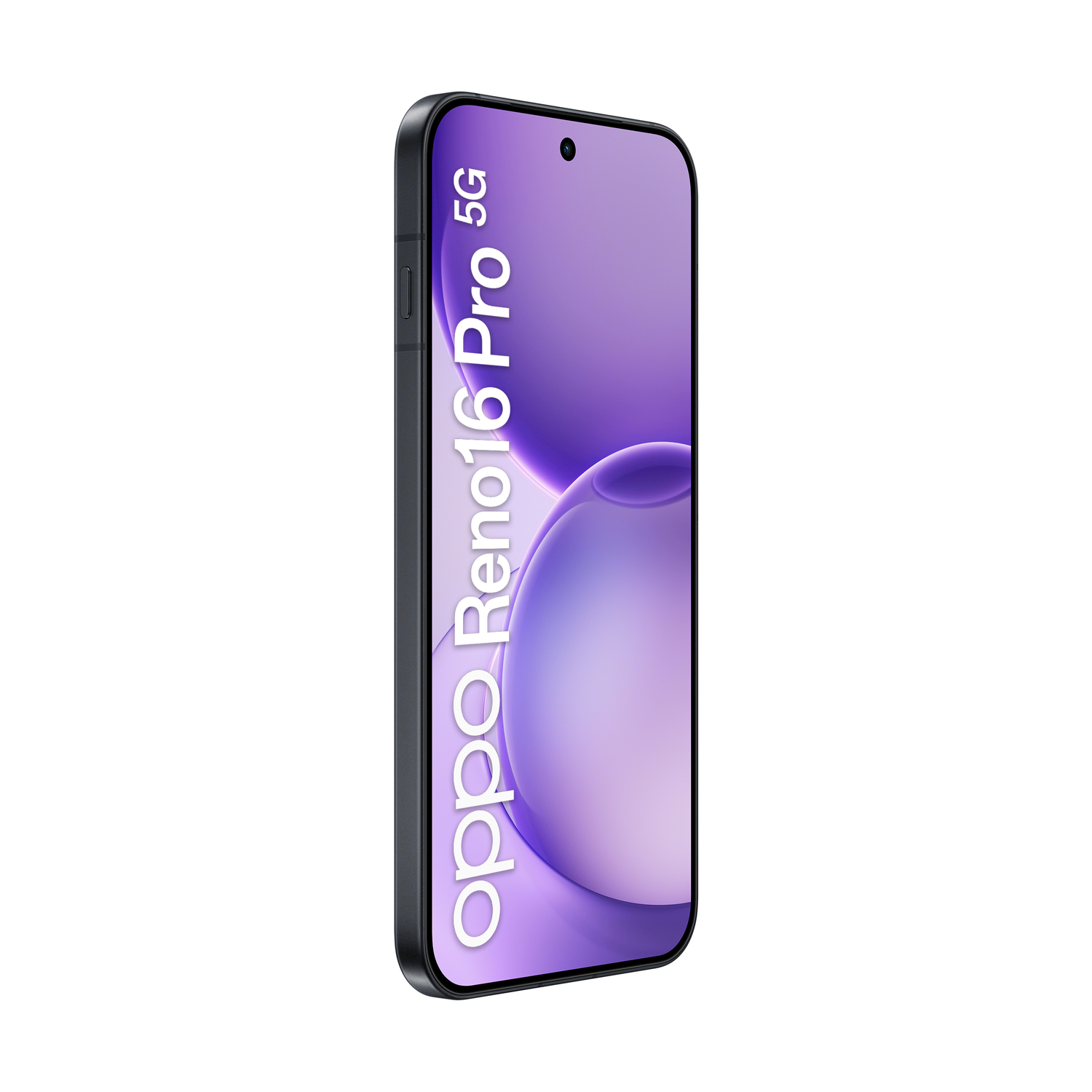 Uno smartphone nero con sfondo viola che mostra "Oppo Reno16 Pro 5G".
