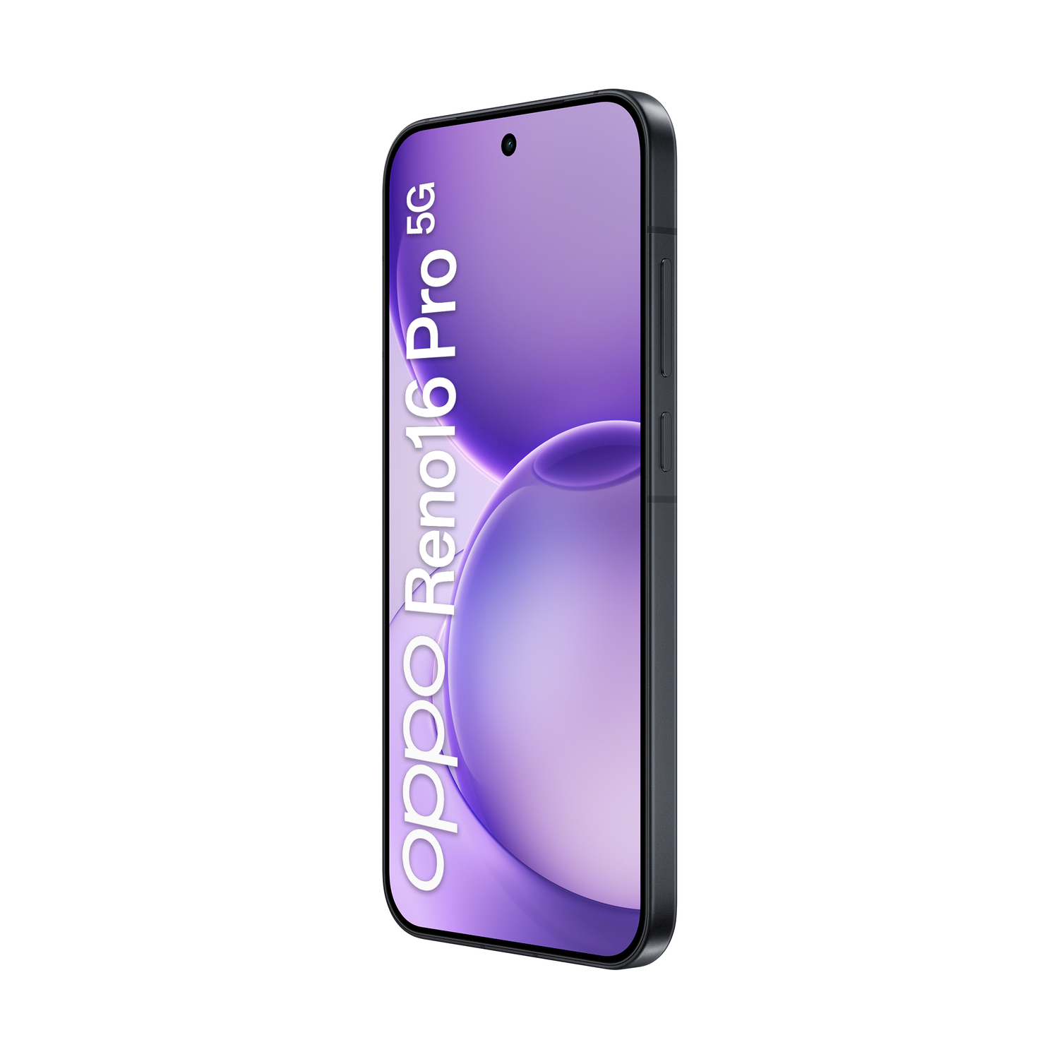 Smartphone nero Oppo Reno16 Pro 5G con sfondo viola sullo schermo.