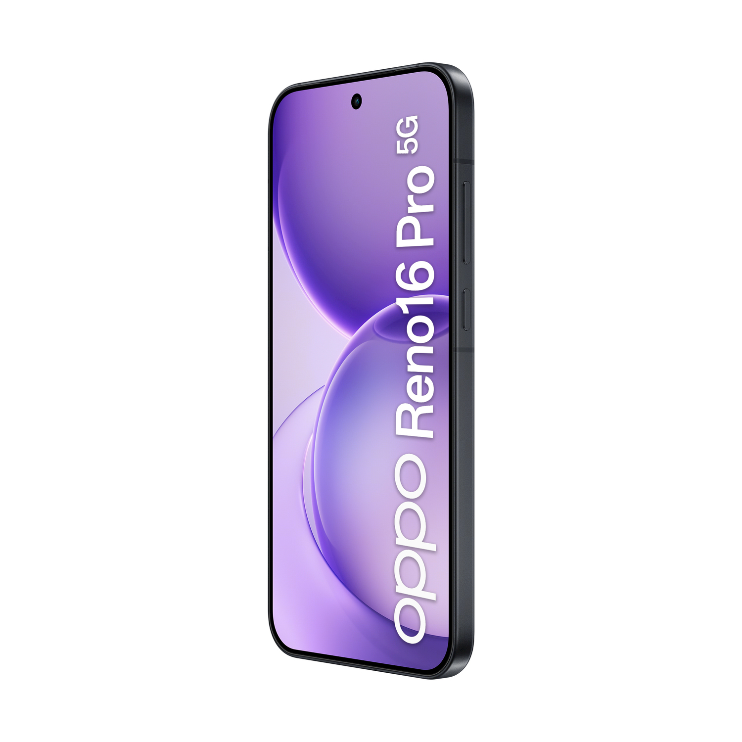 Smartphone scuro con sfondo viola, mostra Oppo Reno16 Pro 5G.