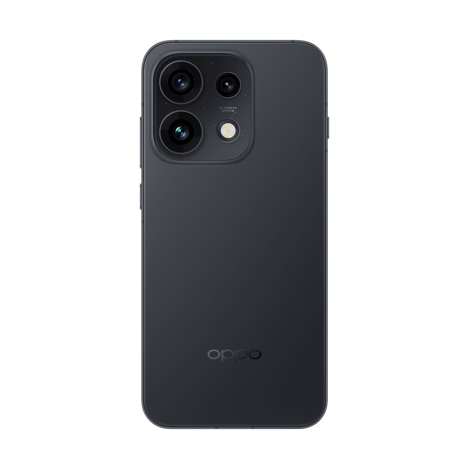 Retro di uno smartphone scuro con tre fotocamere e il logo Oppo.