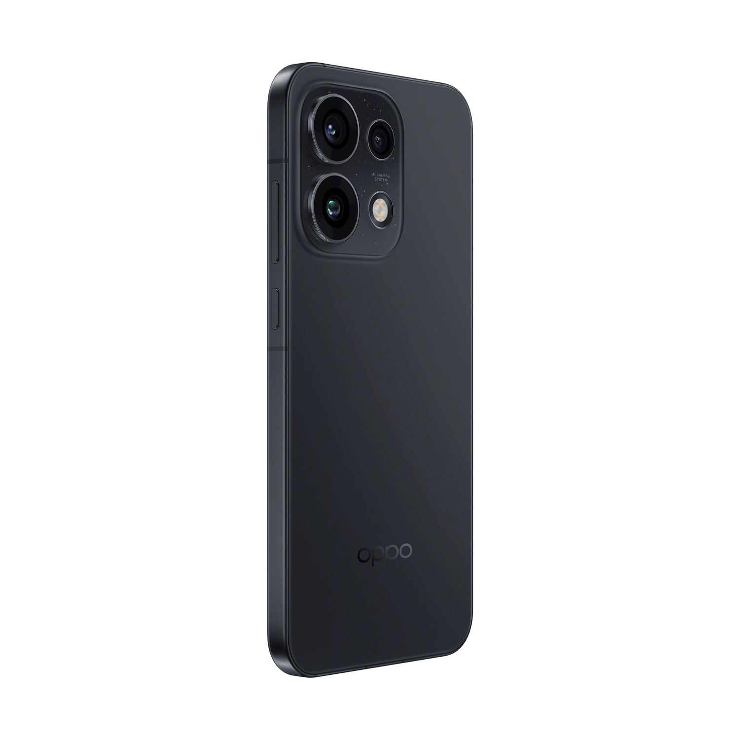 Smartphone scuro con tripla fotocamera e logo sul retro.