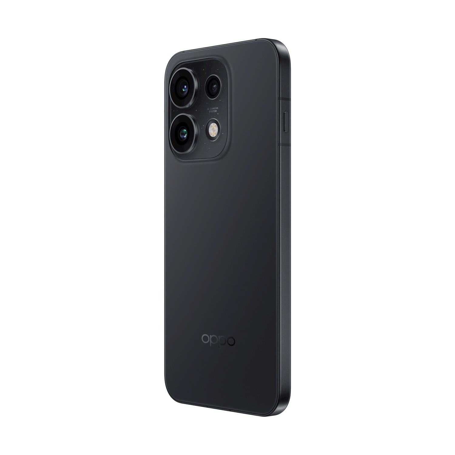 Uno smartphone nero con sistema di fotocamere posteriori e logo Oppo.