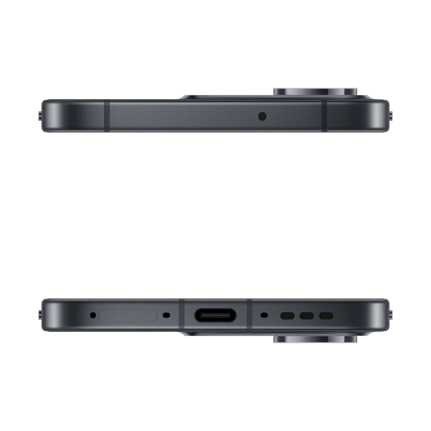 Vista dall'alto di uno smartphone nero con fotocamera e porta USB-C.