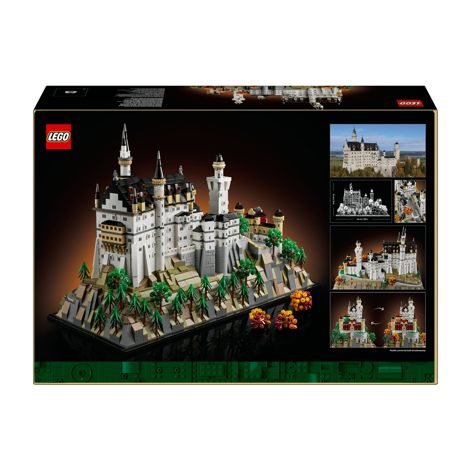 Modello Lego del castello di Neuschwanstein su una collina rocciosa con alberi e fiori.