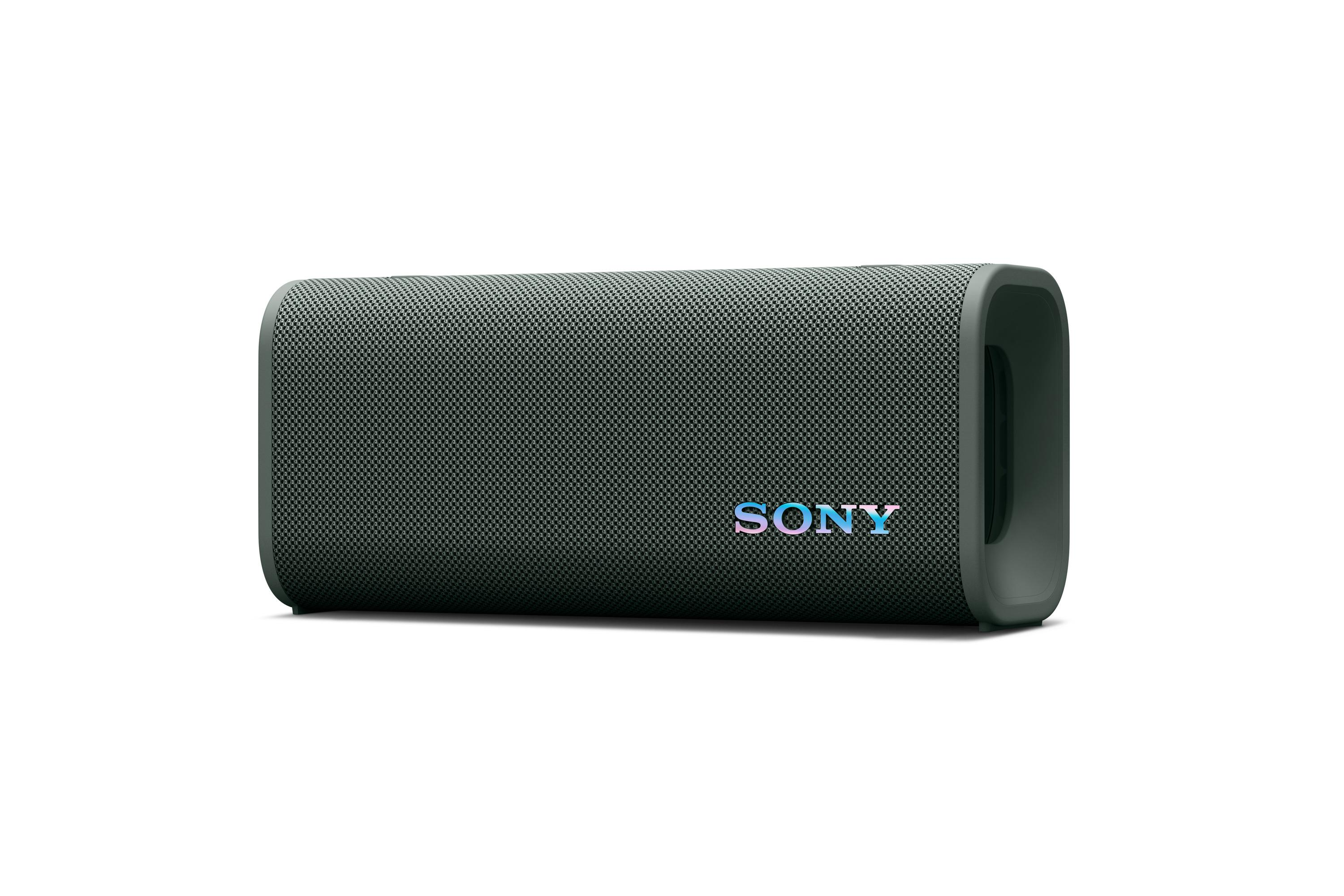 Altavoz Bluetooth Sony verde oscuro con rejilla plateada y logo iluminado.