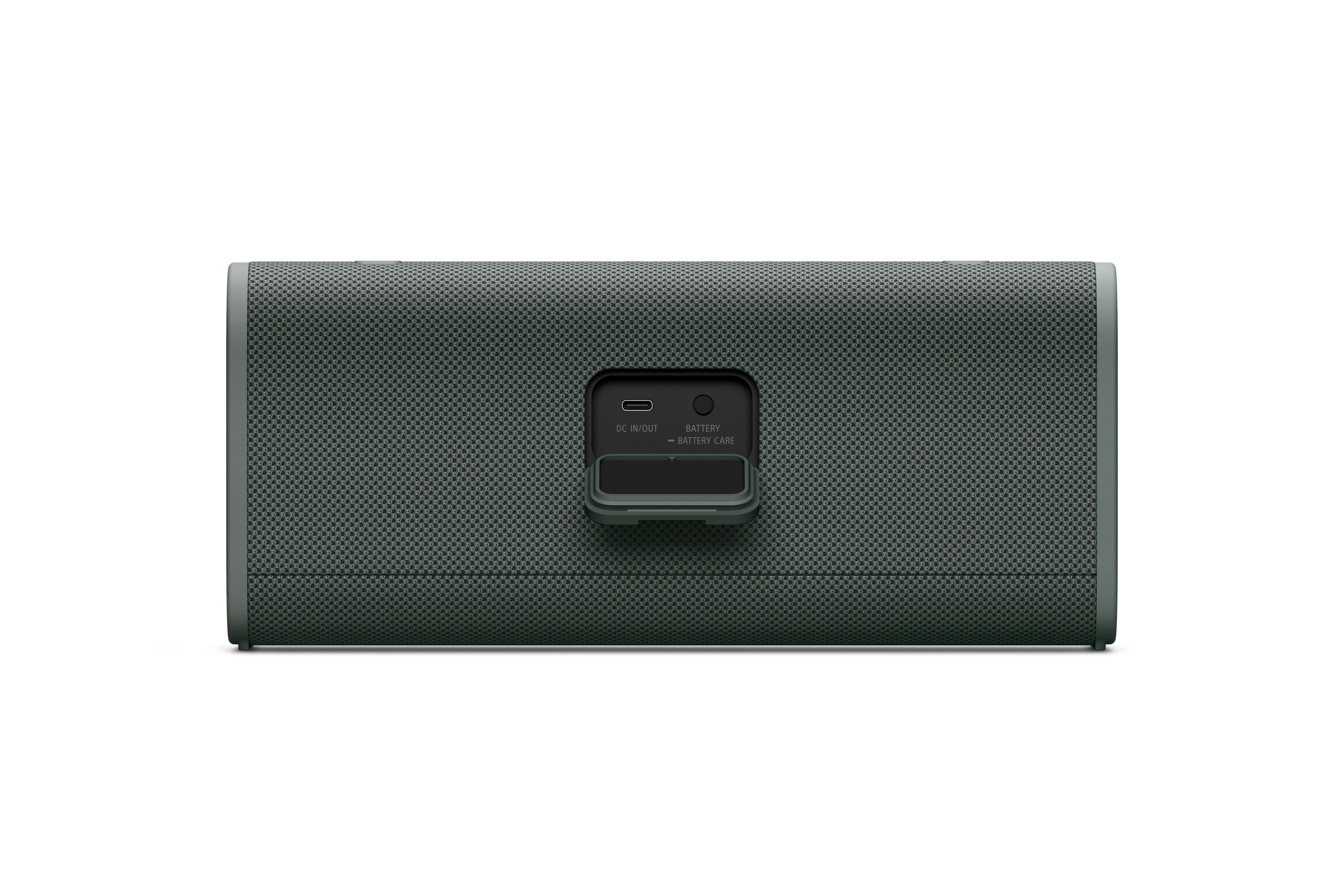 Altavoz verde oscuro con compartimento abierto mostrando puertos.