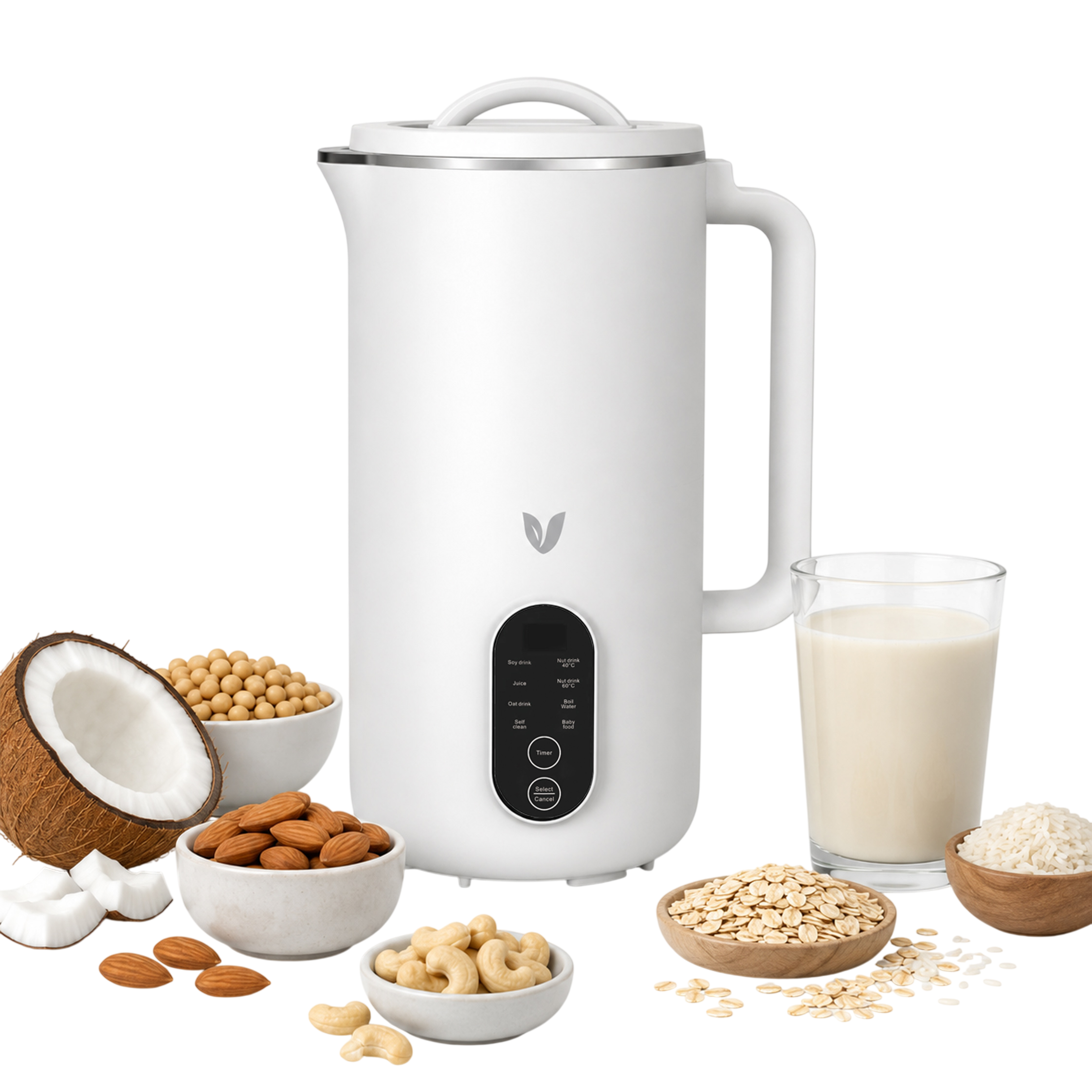 Ein weißer Milchbereiter mit Kokosnuss, Sojabohnen, Mandeln, Cashews, Haferflocken, Reis und Milch.