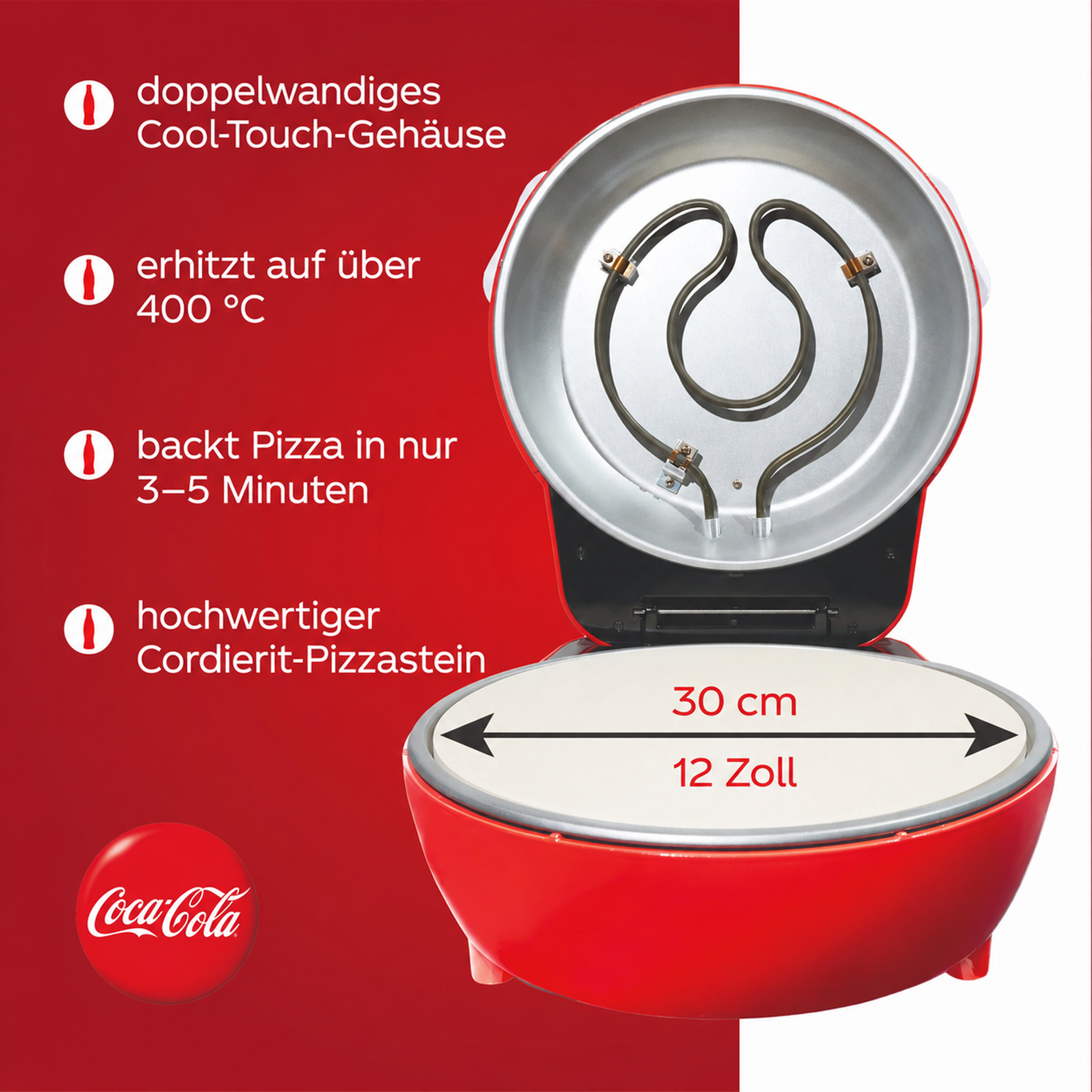 Rote Pizzaofen mit Coca-Cola Logo, 30 cm Durchmesser.