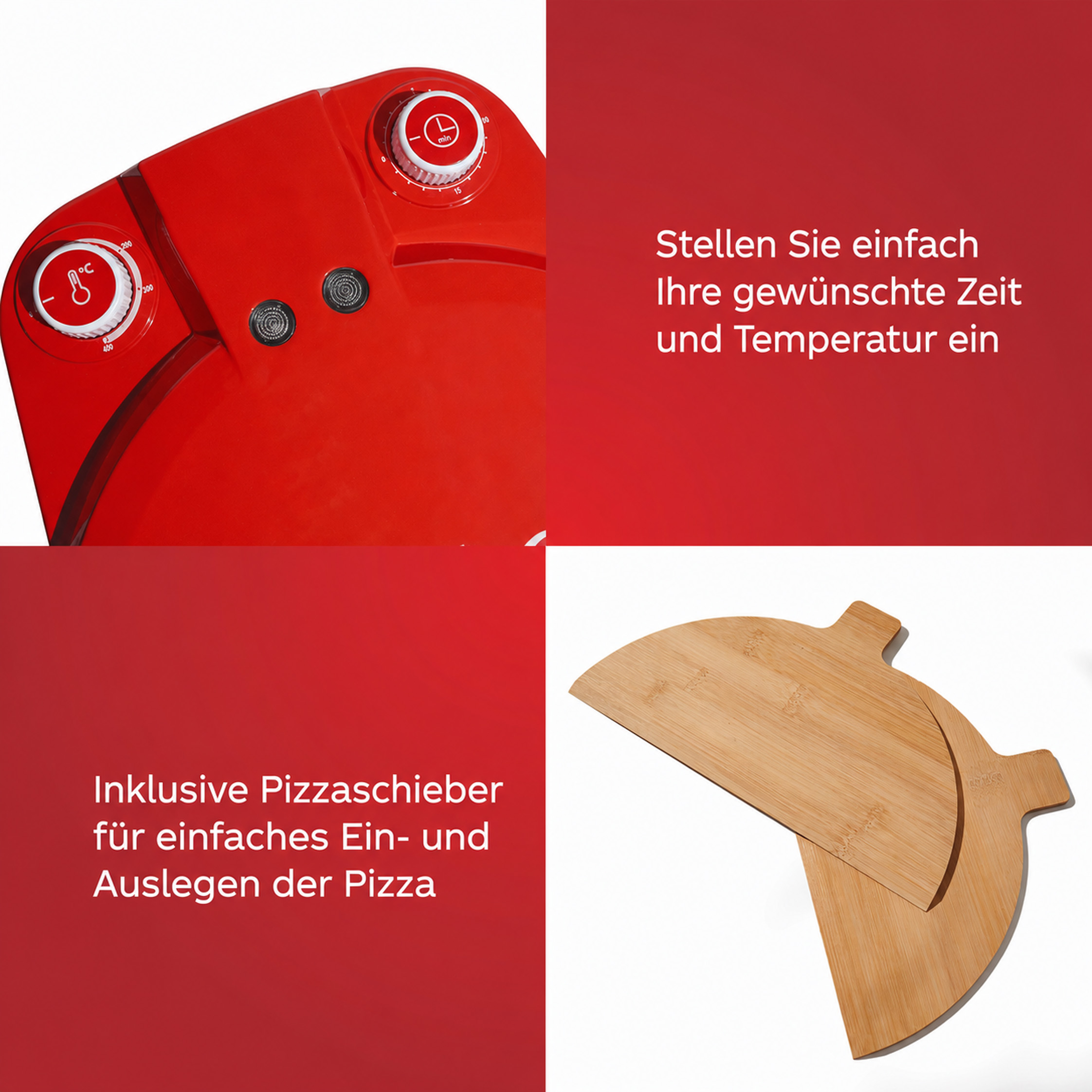 Roter Pizzaofen mit Temperatur- und Zeiteinstellung, inklusive Pizzaschaufeln.
