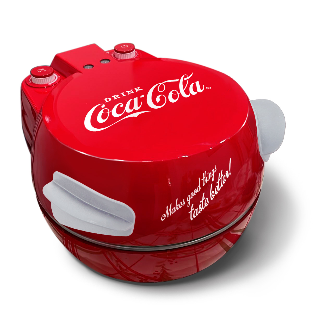 Roter Coca-Cola Waffelautomat mit weißen Bedienelementen und Aufschrift.