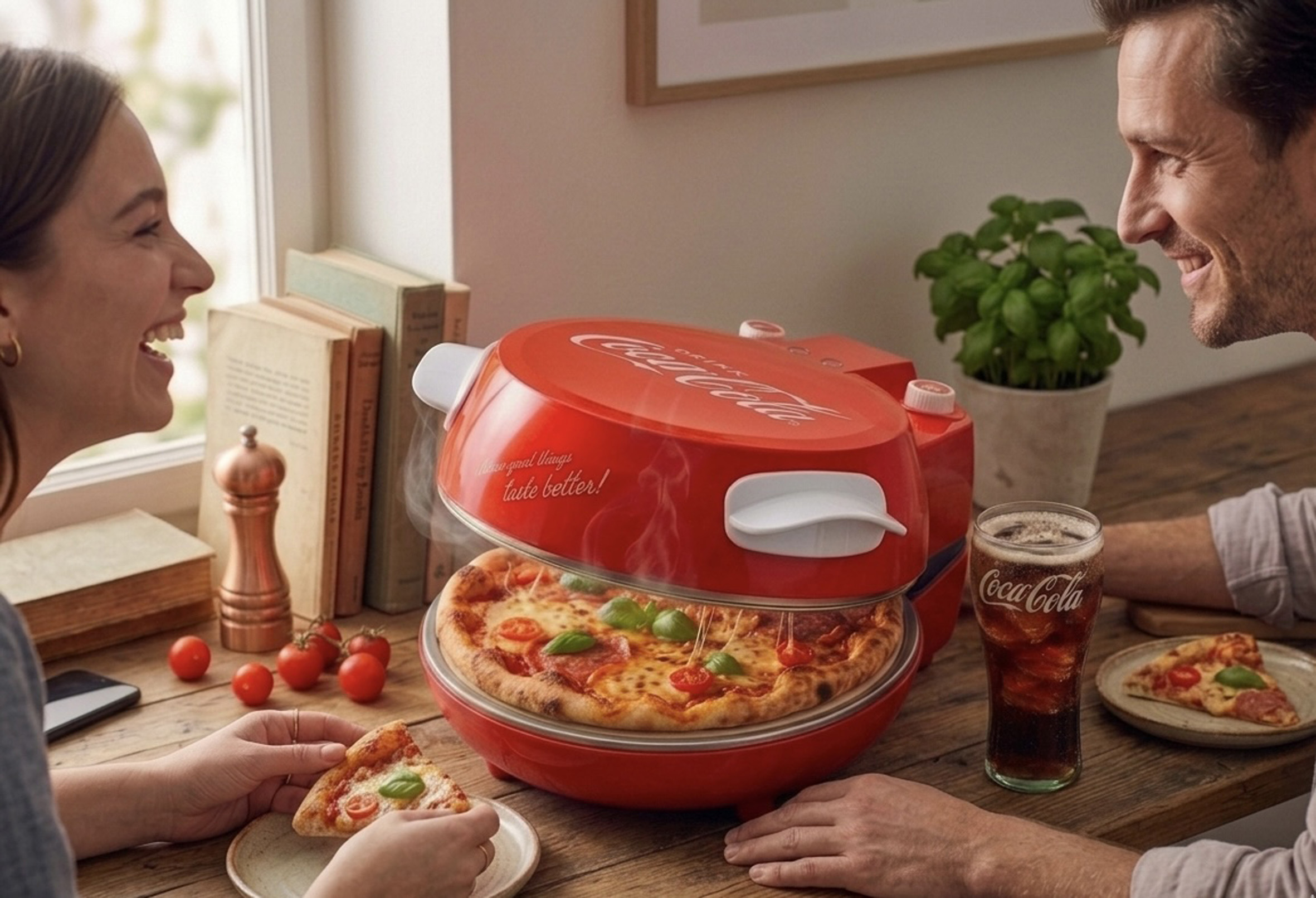 Ein Paar lacht, während sie eine Pizza aus einem roten Coca-Cola-Ofen nehmen.