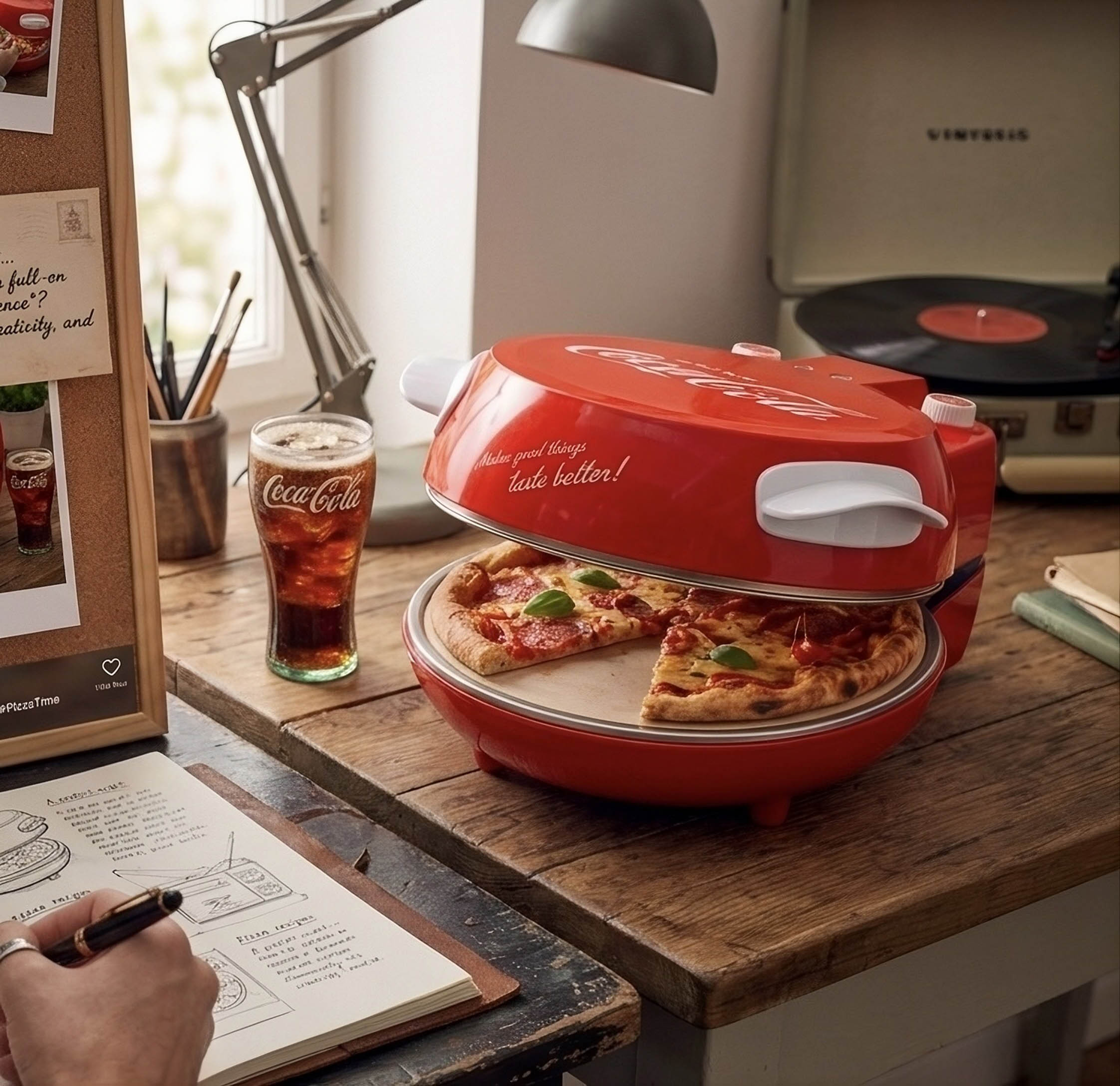 Eine rote Pizzaofen mit einem frisch gebackenen Pizza, daneben ein Glas Coca-Cola.