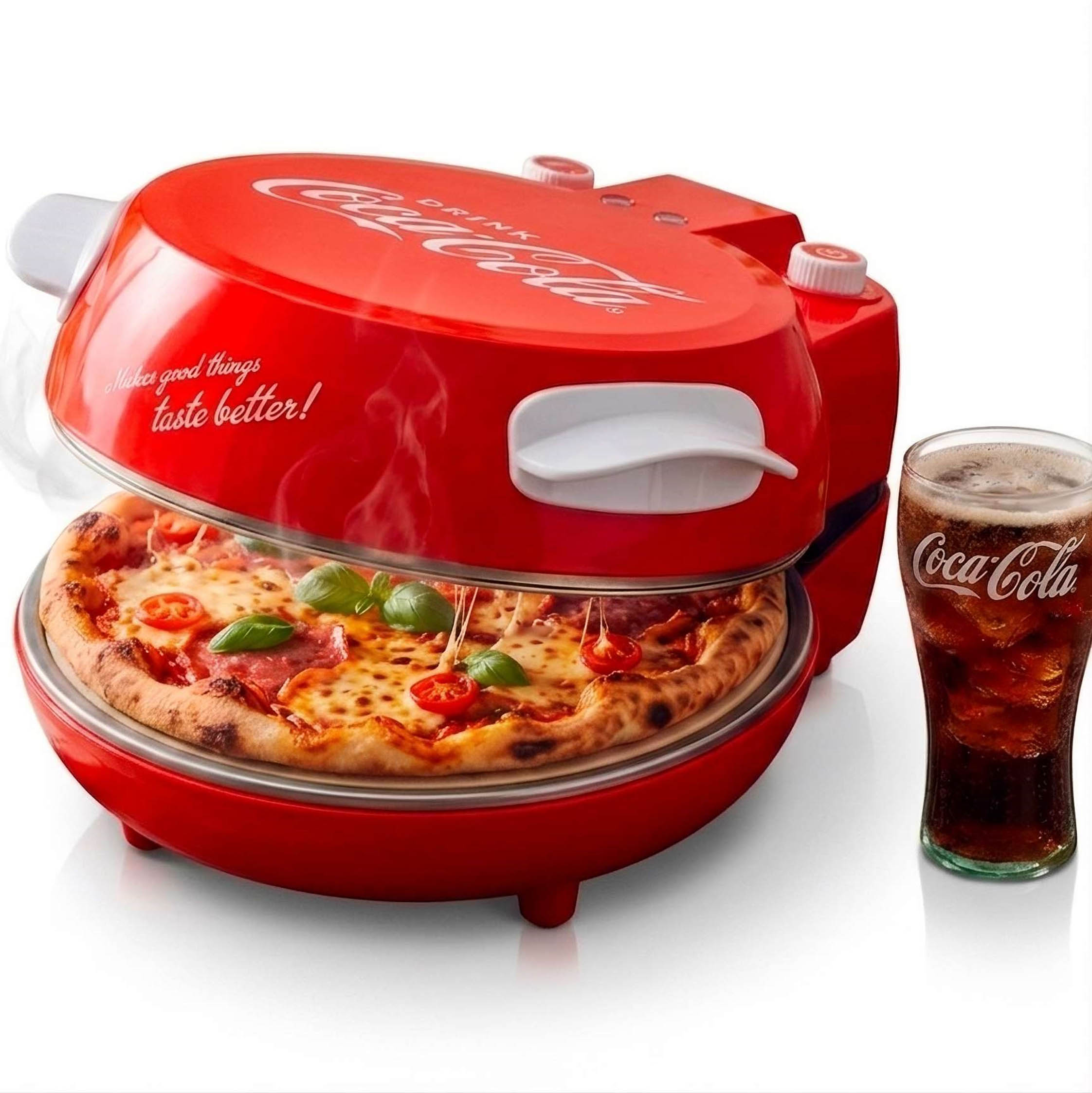 Roter Coca-Cola Pizzaofen mit dampfender Pizza und Glas Cola daneben.