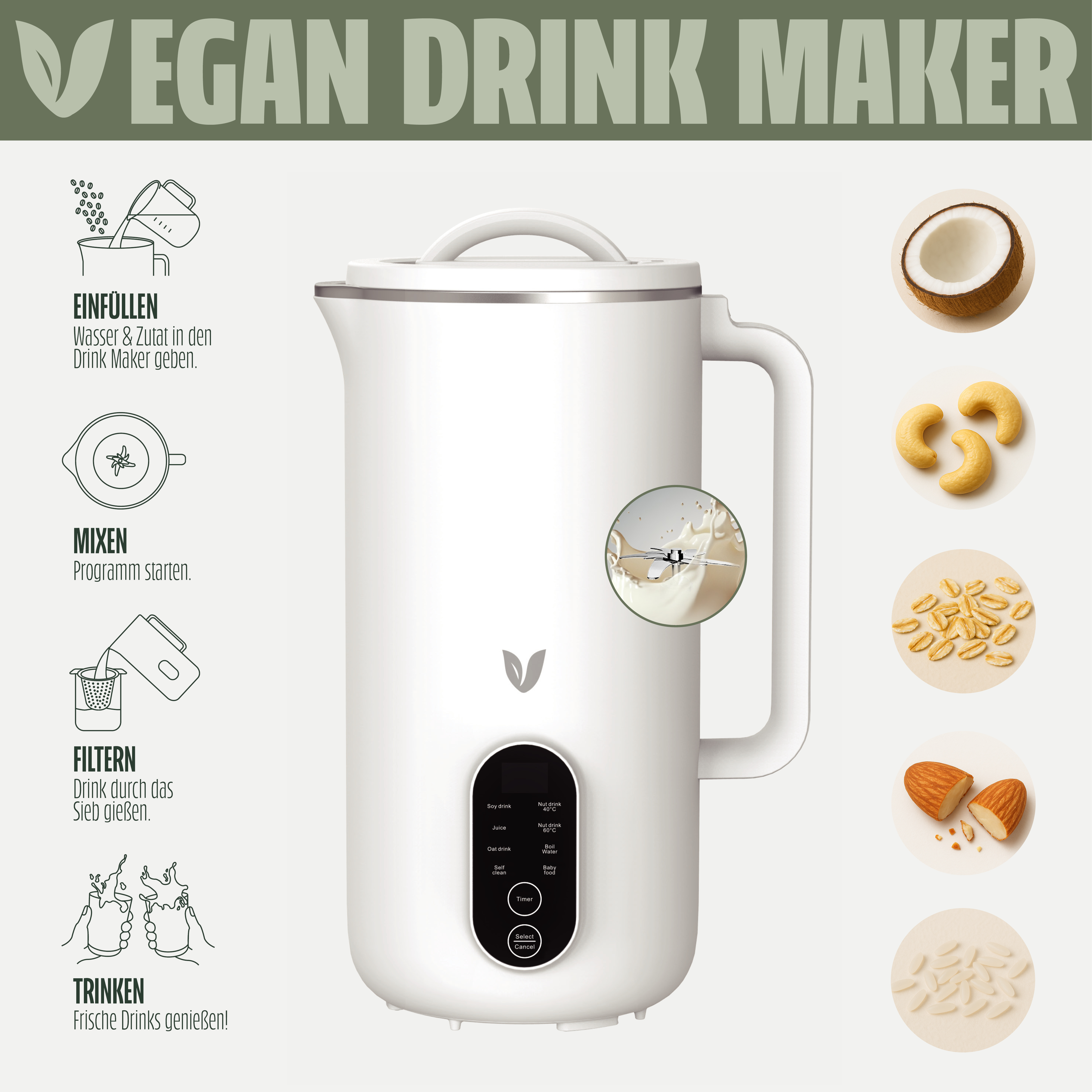 Ein weißer veganer Drink Maker mit Zutaten wie Kokosnuss, Cashews, Mandeln und Hafer.