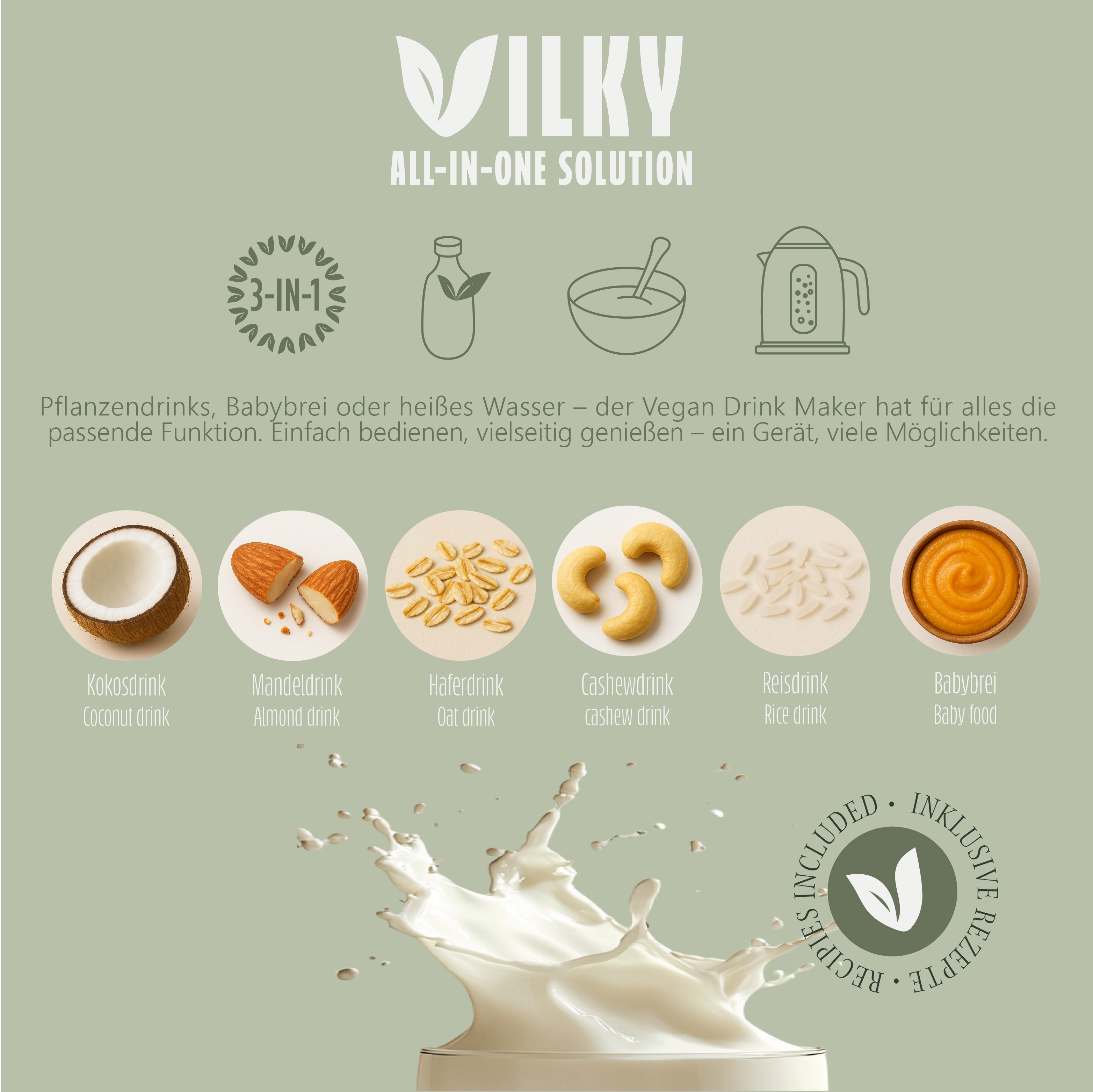 Vilky Vegan Drink Maker mit Kokos, Mandel, Hafer, Cashew, Reis und Babybrei.