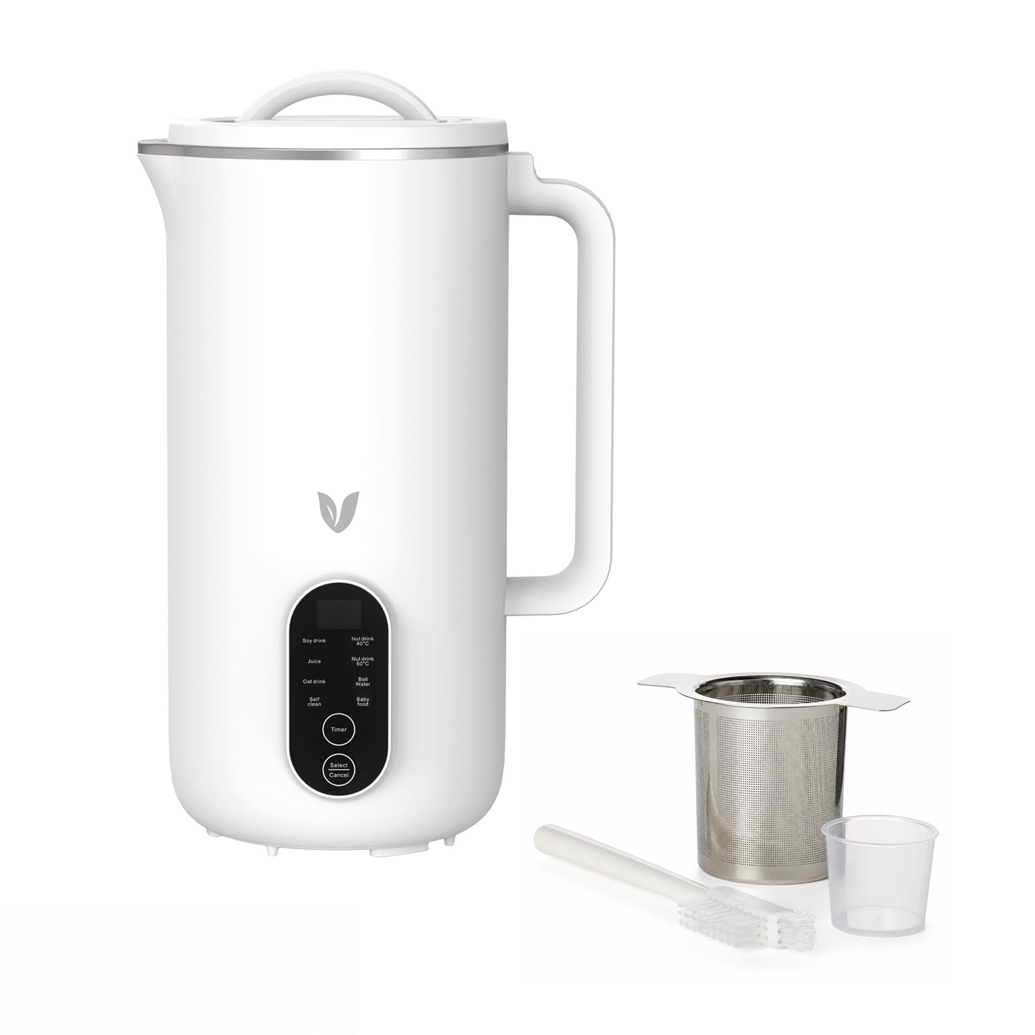 Weiße Küchenmaschine mit Edelstahl-Filter, Messbecher und Bürste.