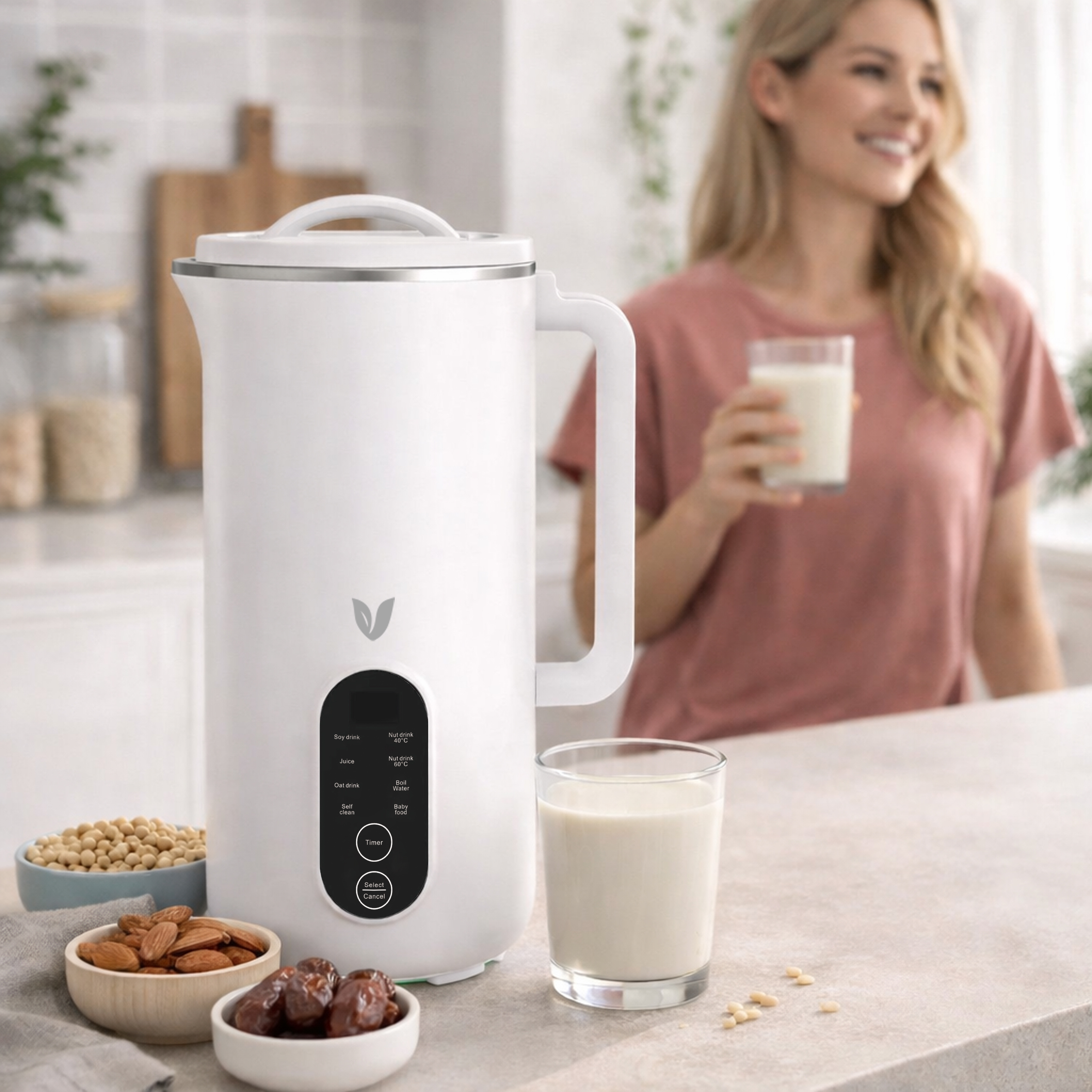 Eine Frau hält ein Glas Milch. Daneben steht ein weißer Milchbereiter mit Zutaten.