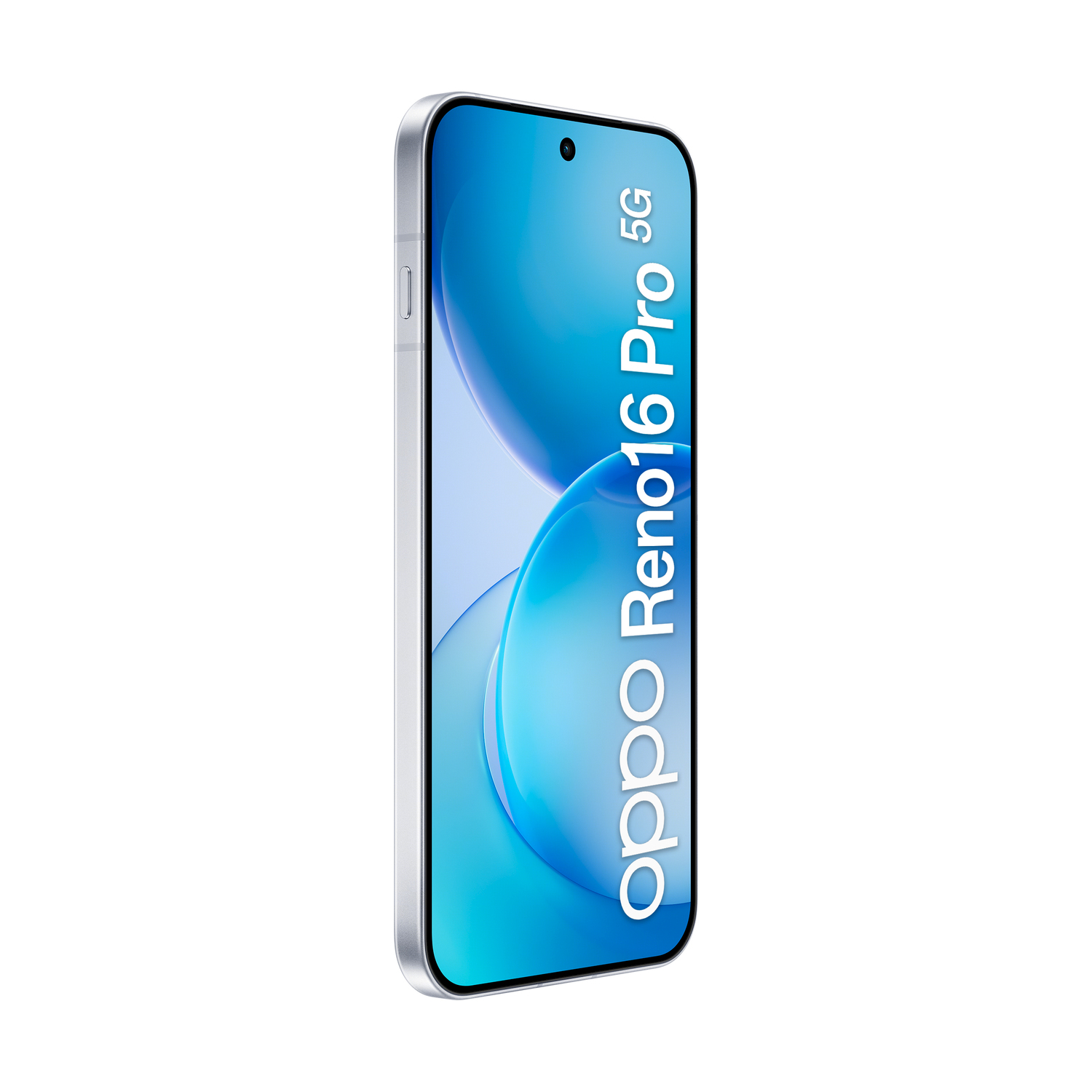 Smartphone argentato con sfondo blu e testo "Oppo Reno16 Pro 5G".