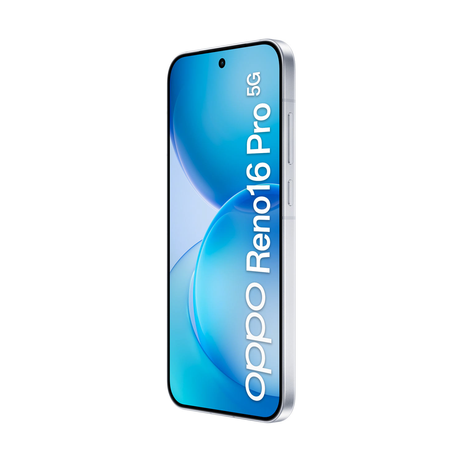 Smartphone Oppo Reno16 Pro 5G argento su sfondo blu.