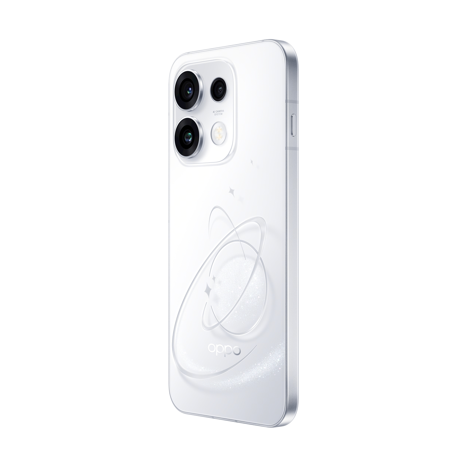 Uno smartphone bianco con sistema di fotocamere e design galattico.