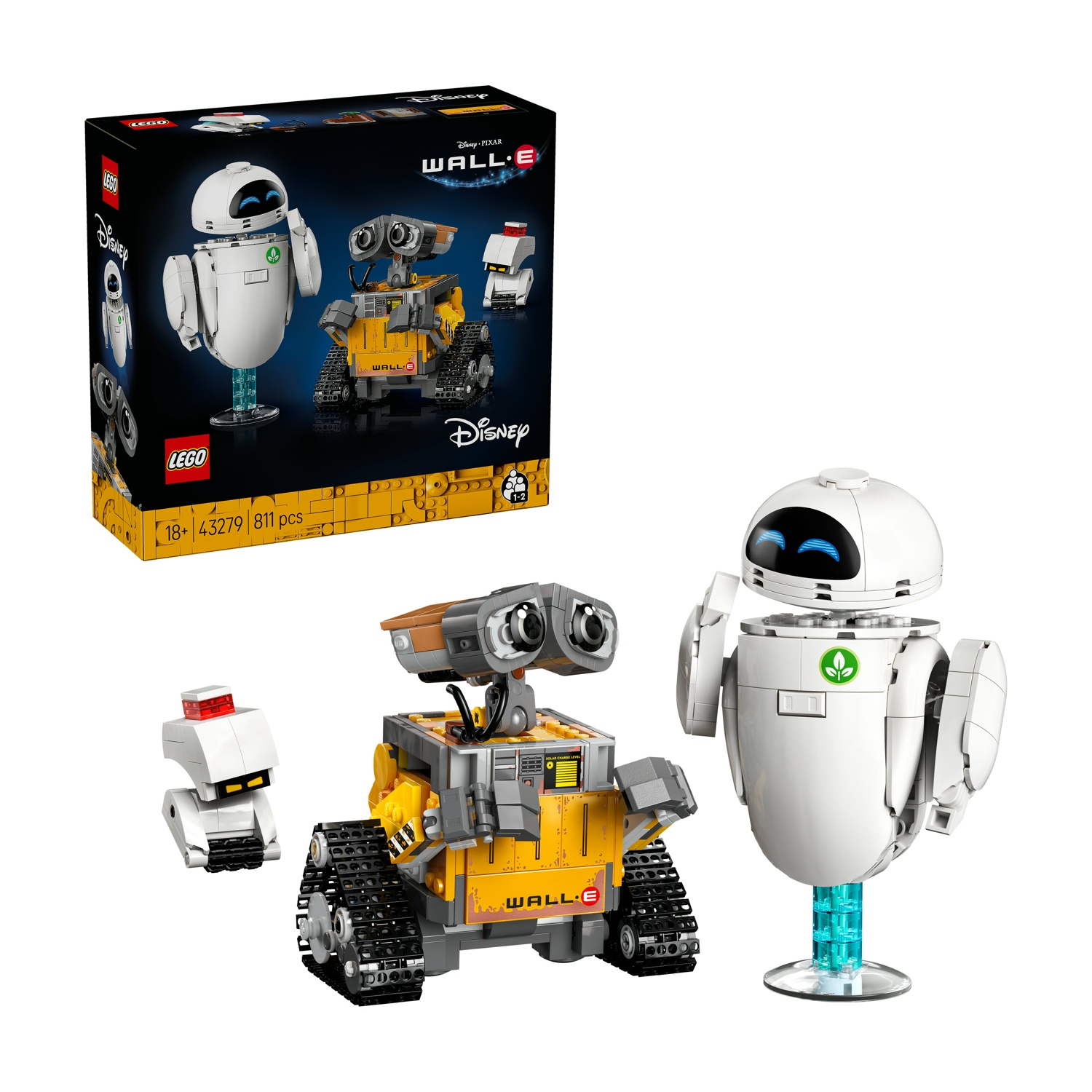 Set LEGO WALL-E, EVE e un piccolo robot con scatola sullo sfondo.